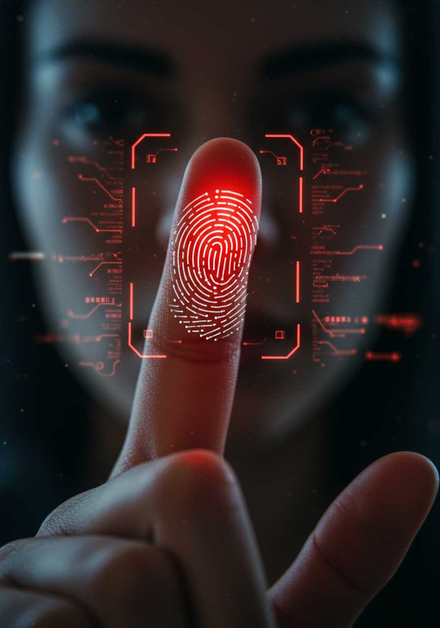 Goth hacker woman face closeup. A hyper-detailed, futuristic close-up of a human fingertip illuminated by a soft red glow, revealing a complex, holographic circuit pattern etched into the skin, resembling a digital fingerprint In the style of ff-nn. The intricate lines and nodes of the circuitry shimmer with a faint white and black light, symbolizing advanced biometric technology. Surrounding the finger, a semi-transparent user interface displays scanning progress indicators, synchronization bars, and faint text overlays, adding to the high-tech aesthetic. The background is softly blurred, suggesting a sleek, digital environment while emphasizing the focus on the finger and its augmented details.