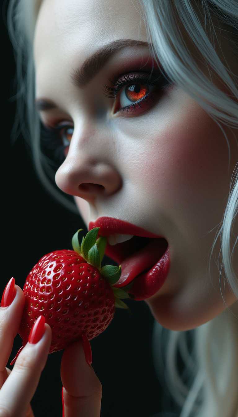 Masterpiece, high detail, extreme closeup portrait of a beautiful vampire woman with piercing red eyes. She has long silver hair, dark, smoky eyeshadow that enhances her piercing gaze, and blood-red lips slightly parted to reveal sharp fangs as she bites into a crimson strawberry dripping with blood. Her expression is seductive and erotic, drawing the viewer in with an intense, direct gaze. Her tongue is glistening wet with saliva The composition highlights her side profile, emphasizing the curve of her jaw, her cute nose and the delicate details of her features. The dark background contrasts with the luminous tones of her skin and hair, enhancing the blood droplets glistening on the strawberry. Hyperdetailed concept art with HD8K resolution, designed for a high-definition wallpaper. The atmosphere is alluring and mysterious, capturing her sensual and predatory essence. 