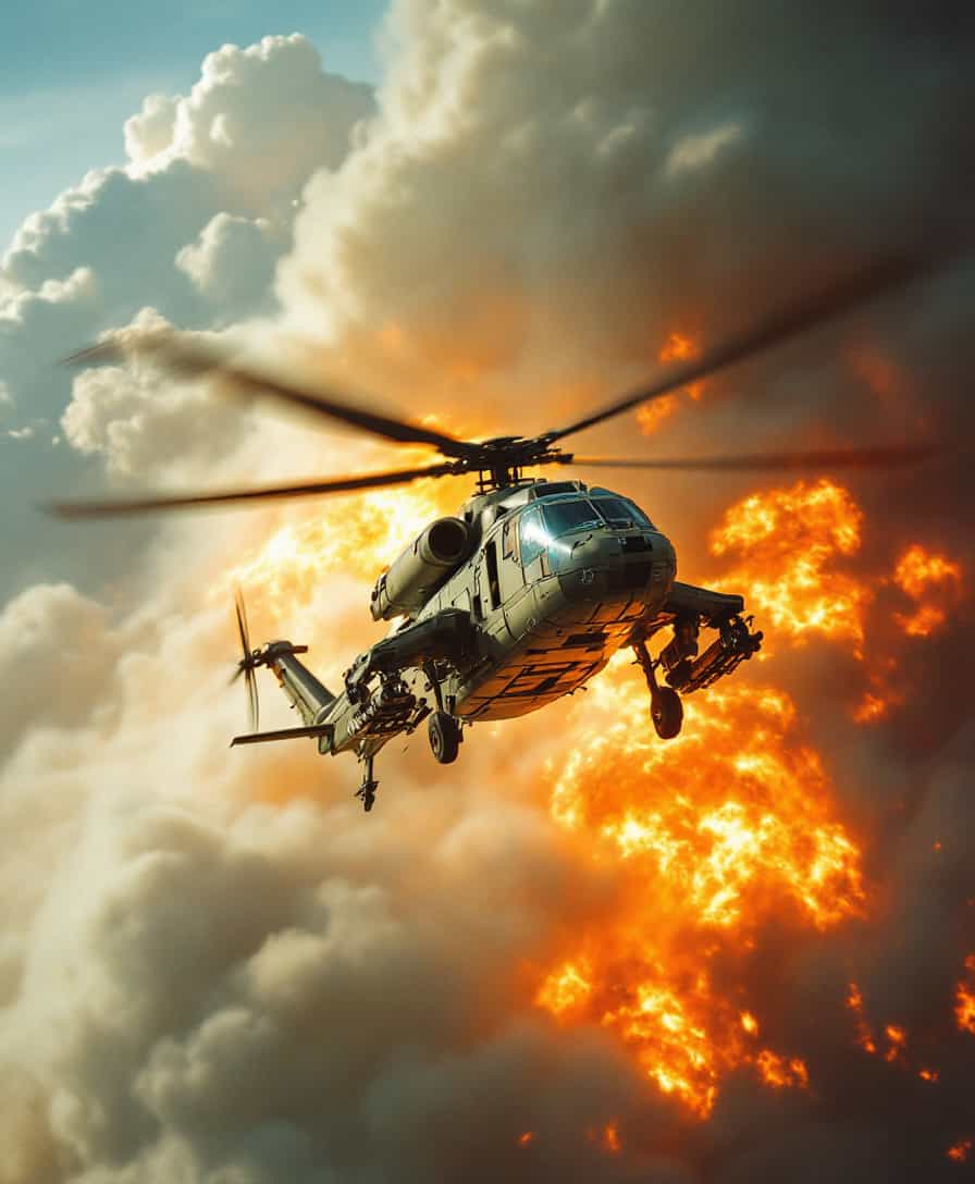 analog film photo of  a cinematic realism footage of a helicopter flying over a bunch of fire, detailed background, vivid color, cinematic shadows, cinematic color, chiaroscuro, perfect cinematic image, perfect body, perfect anatomy, sharp image, detailed image, high quality photography, cinematic skin tone color, cinematic skin pore, cinematic photography style, digital cinematography style, weapon, cloud, gun, military, no humans, fire, robot, smoke, science fiction, explosion, laser, sky, mecha, flying, aircraft, cannon, military vehicle, vehicle focus, solo, day, outdoors, airplane, battle, realistic, damaged, 1girl, spacecraft, thrusters, faded film, desaturated, 35mm photo, grainy, vignette, vintage, Kodachrome, Lomography, stained, highly detailed, found footage