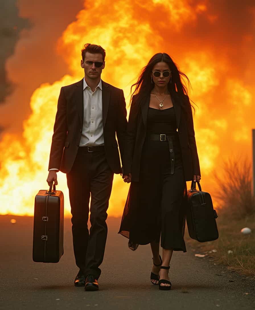 analog film photo of acinematic realism kodak film footage of a man and a woman walking in front of a fire explosion, detailed background, vivid color, cinematic shadows, cinematic color, chiaroscuro, perfect cinematic image, perfect body, perfect anatomy, sharp image, detailed image, high quality photography, cinematic skin tone color, cinematic skin pore, cinematic photography style, digital cinematography style, 1girl, long hair, skirt, black hair, male, jacket, weapon, gun, eyepatch, realistic, breasts, short hair, multiple girls, shirt, holding, 2girls, jewelry, white shirt, earrings, belt, pants, black skirt, bandages, black pants, handgun, briefcase, brown hair, siblings, brother and sister, explosion, dark skin, dark-skinned female, black jacket, fire, walking, cleavage, dress, holding weapon, black dress, holding gun, suitcase, necklace, holding hands, bandaged arm, faded film, desaturated, 35mm photo, grainy, vignette, vintage, Kodachrome, Lomography, stained, highly detailed, found footage