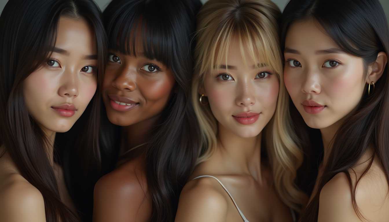 UHD, 4k, ultra detailed, cinematic, a photograph of a cinematic realism footage of a group of women with long hair posing for a picture, detailed background, vivid color, cinematic shadows, cinematic color, chiaroscuro, perfect cinematic image, perfect body, perfect anatomy, sharp image, detailed image, high quality photography, cinematic skin tone color, cinematic skin pore, cinematic photography style, digital cinematography style, long hair, looking at viewer, smile, blue eyes, multiple girls, blonde hair, brown hair, black hair, closed mouth, parted lips, teeth, dark skin, black eyes, lips, 4girls, expressionless, portrait, realistic, bangs, brown eyes, upper body, nude, 3girls, blunt bangs, dark-skinned female, parted bangs, dark-skinned male, very dark skin, collarbone, mole, asian, photorealistic, nose, epic, beautiful lighting, inspiring