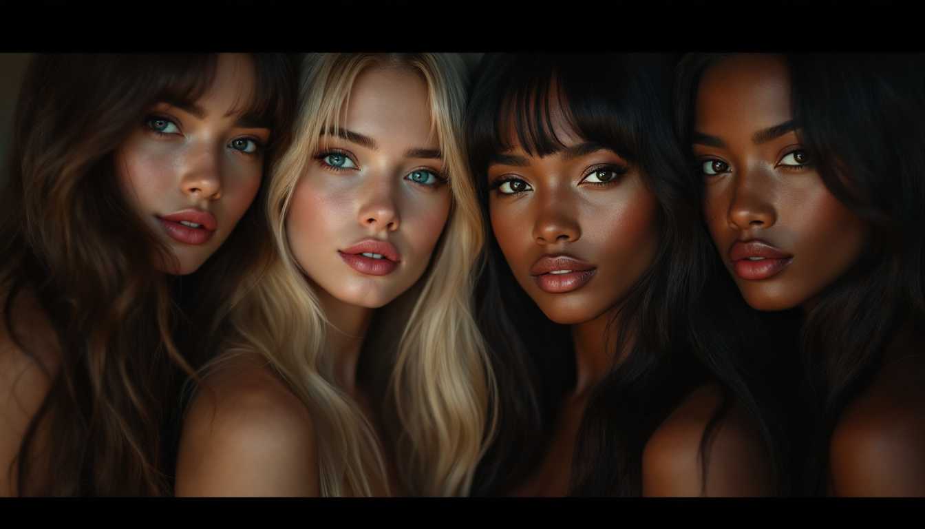 UHD, 4k, ultra detailed, cinematic, a photograph of a cinematic realism footage of a group of women with long hair posing for a picture, detailed background, vivid color, cinematic shadows, cinematic color, chiaroscuro, perfect cinematic image, perfect body, perfect anatomy, sharp image, detailed image, high quality photography, cinematic skin tone color, cinematic skin pore, cinematic photography style, digital cinematography style, long hair, looking at viewer, smile, blue eyes, multiple girls, blonde hair, brown hair, black hair, closed mouth, parted lips, teeth, dark skin, black eyes, lips, 4girls, expressionless, portrait, realistic, bangs, brown eyes, upper body, nude, 3girls, blunt bangs, dark-skinned female, parted bangs, dark-skinned male, very dark skin, collarbone, mole, asian, photorealistic, nose, epic, beautiful lighting, inspiring