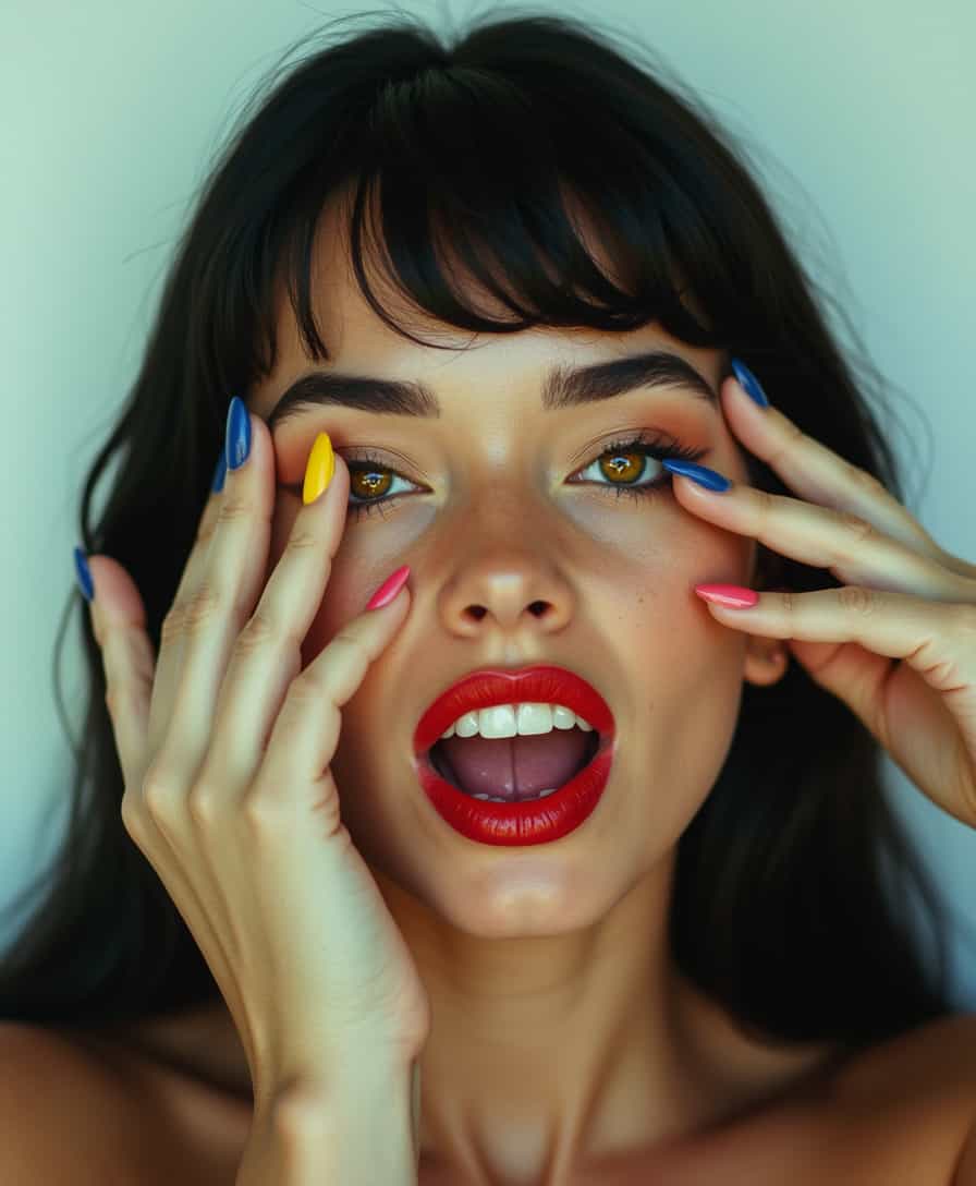analog film photo of a cinematic realism footage of a woman with colorful nails covering her eyes, detailed background, vivid color, cinematic shadows, cinematic color, chiaroscuro, perfect cinematic image, perfect body, perfect anatomy, sharp image, detailed image, high quality photography, cinematic skin tone color, cinematic skin pore, cinematic photography style, digital cinematography style, 1girl, solo, open mouth, simple background, white background, teeth, nail polish, lips, makeup, parody, lipstick, realistic, blue nails, yellow nails, black hair, yellow eyes, long hair, portrait, pink nails, red lips, looking at viewer, faded film, desaturated, 35mm photo, grainy, vignette, vintage, Kodachrome, Lomography, stained, highly detailed, found footage