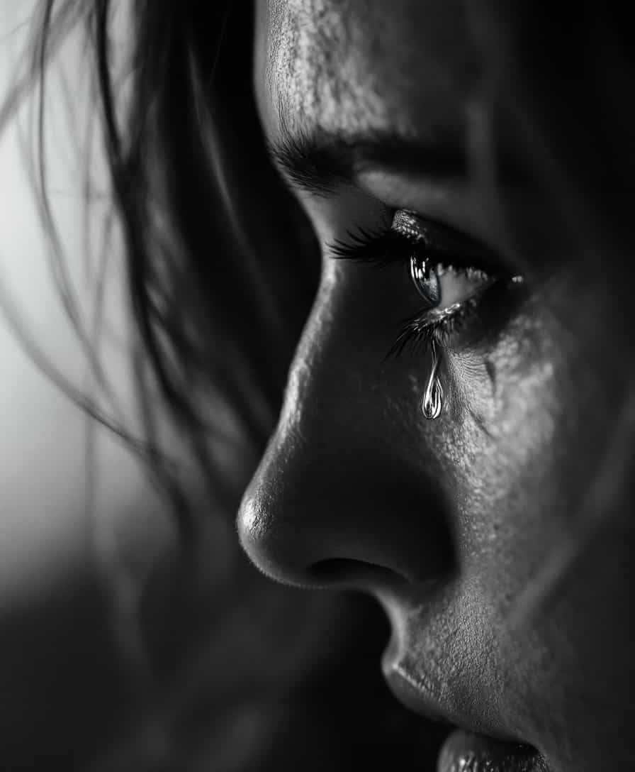 cinematic film still of crying style, a side view of a woman's eye with a tear hanging from it, solo, 1boy, monochrome, greyscale, male focus, melodrama, movie themed, sharp, detailed, epic cinematic photography, artistic, dramatic light, cinematic color style, Kodak film style, crying style, 1girl, close-up, realistic, photorealistic, closeup, side view, blurry, lips, tear drop:1, shallow depth of field, vignette, highly detailed, high budget, bokeh, cinemascope, moody, epic, gorgeous, film grain, grainy