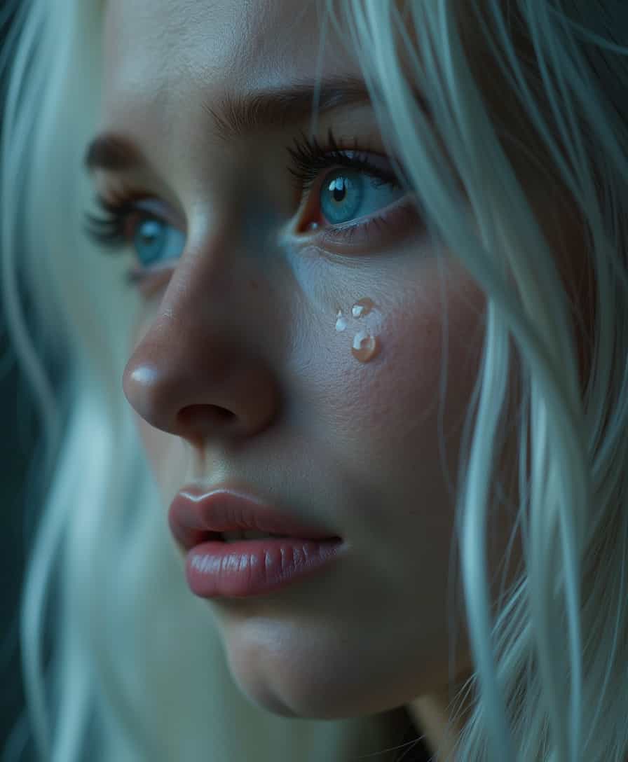 cinematic film still of  crying style, a closeup of a white woman with tears on her face is crying., 1girl, solo, blue eyes, white hair, tears, lips, eyelashes, portrait, close-up, realistic, nose, looking afar, crying, sad, teary face, tears, crying style, long hair, photorealistic, closeup, profile, tear drop:1, blurry, crying with eyes open , shallow depth of field, vignette, highly detailed, high budget, bokeh, cinemascope, moody, epic, gorgeous, film grain, grainy