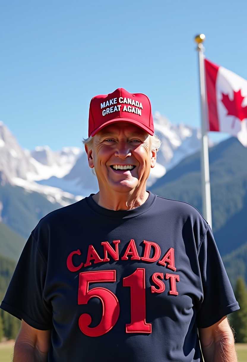 a photo of MAGA, MAGA Donald Trump  wearing a t-shirt that reads "Canada 51st" in raised 3d red text, MAGA is also wearing a Red Ball cap that reads "MAKE CANADA GREAT AGAIN" in the background is the Canadian Rockies, clear blue skies, a flag pole and a Canadian Flag. He is smiling, looking at viewer
