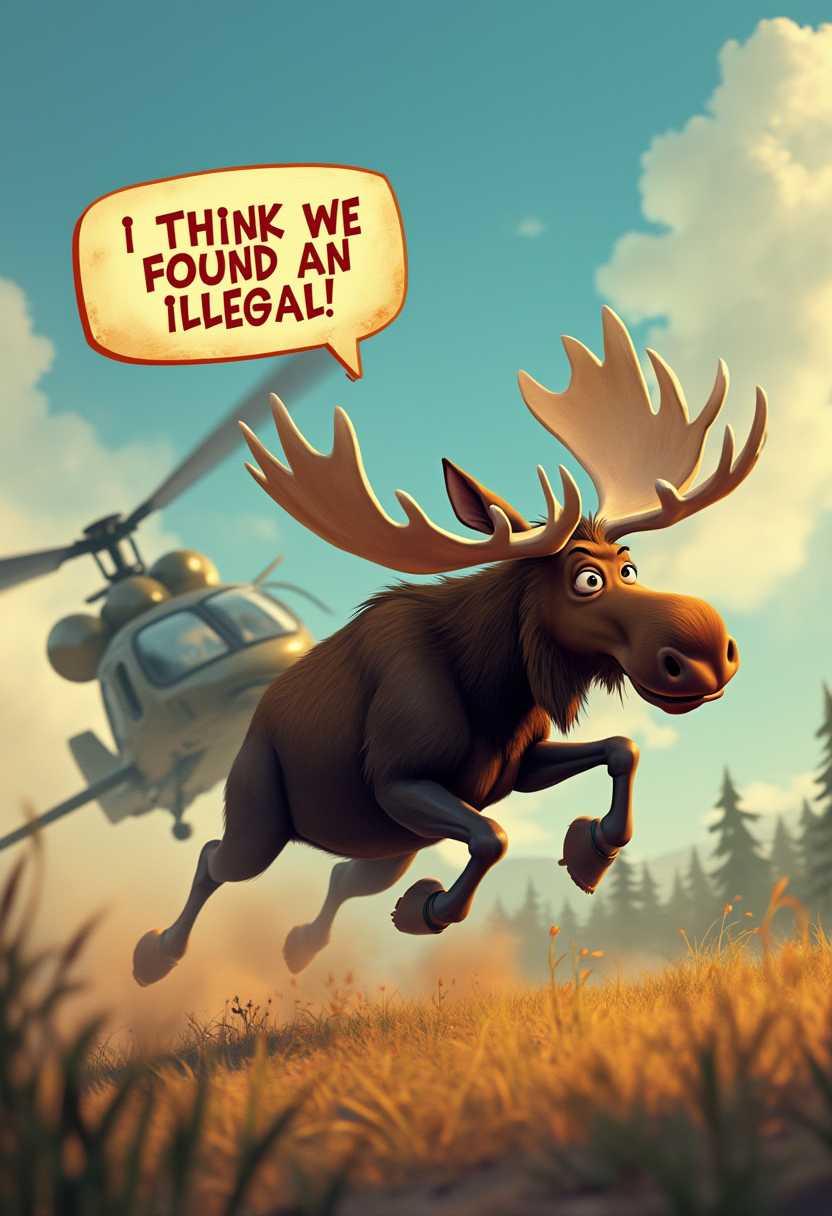 Create an image of a Moose  running from a, in the background a Black Hawk Helicopter.. disney pixar speech bubble from helicopter with text reading "I think we found an illegal"