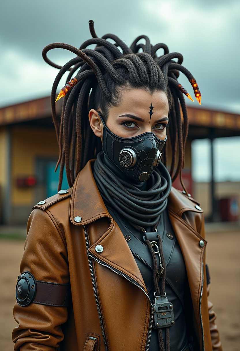 A post-apocalyptic cybernetic warrior standing in front of an abandoned, rusted gas station in a desolate wasteland. The character has a biomechanical mask covering the lower half of their face, with dark, piercing eyes and skin fused with metal components. Their head is adorned with thick, ribbed cables extending outward like mechanical dreadlocks, with glowing ember-like tips. The outfit consists of a weathered leather jacket with heavy tubing wrapped around their neck and shoulders, exuding a gritty, dystopian aesthetic. The background features an overcast sky with stormy clouds, and the gas station is covered in rust and decay, emphasizing the abandoned, harsh environment. The lighting is moody, with high-detail textures and a cinematic composition. The overall color palette is dark and earthy, with burnt orange and steel tones dominating the scene