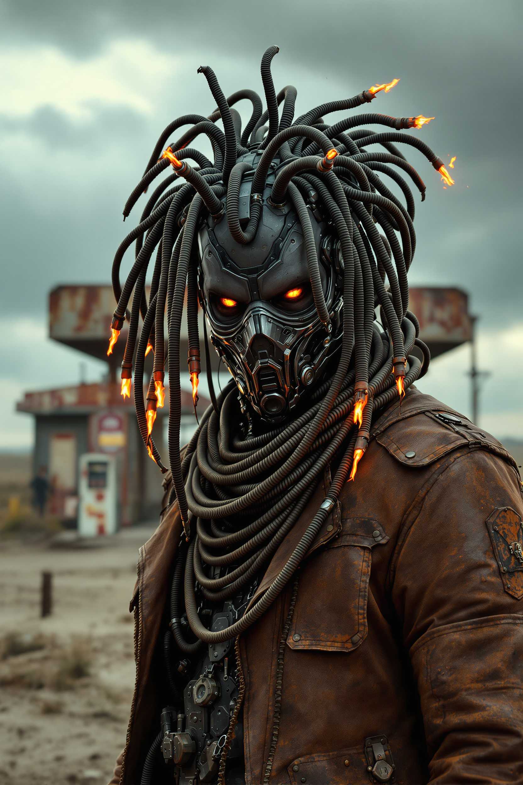 A post-apocalyptic cybernetic warrior standing in front of an abandoned, rusted gas station in a desolate wasteland. The character has a biomechanical mask covering the lower half of their face, with dark, piercing eyes and skin fused with metal components. Their head is adorned with thick, ribbed cables extending outward like mechanical dreadlocks, with glowing ember-like tips. The outfit consists of a weathered leather jacket with heavy tubing wrapped around their neck and shoulders, exuding a gritty, dystopian aesthetic. The background features an overcast sky with stormy clouds, and the gas station is covered in rust and decay, emphasizing the abandoned, harsh environment. The lighting is moody, with high-detail textures and a cinematic composition. The overall color palette is dark and earthy, with burnt orange and steel tones dominating the scene