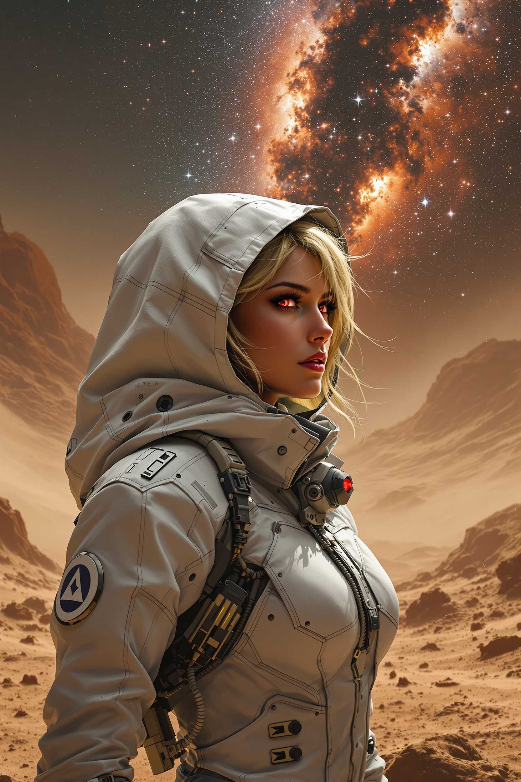 In the midst of shadows and storms, a lone mech pilot, full body, in white leather peers into the turbulent abyss, her crimson eyes, blonde hair, wearing a hooded jacket, mirroring the tempestuous world. Behind her, Mars' dusty backdrop blends with the motion of the Milky Way