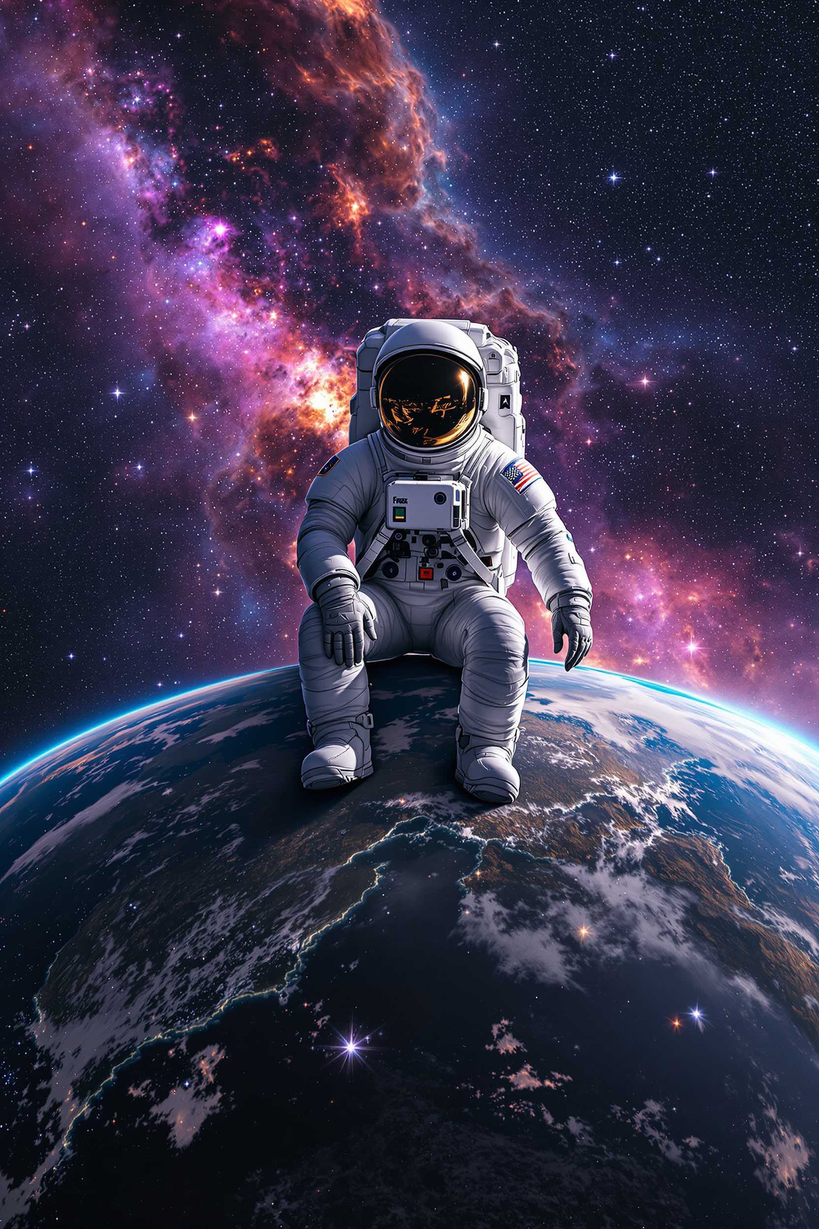 huge massive "SpaceX" astronaut in space, sitting on top planet earth, wrapped by a nebula. Background nebula. milkyway, start, space
