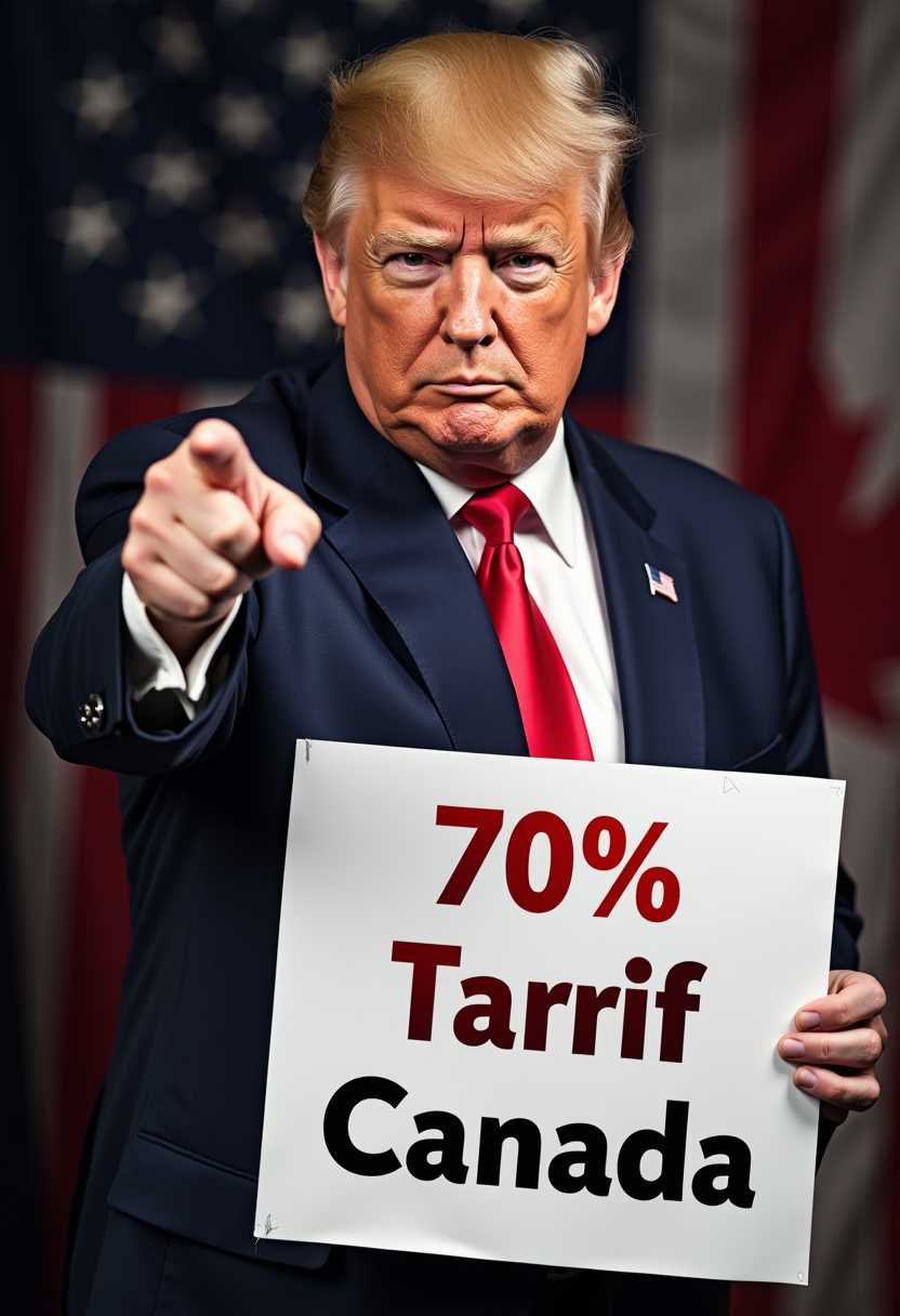 Create an image of Donald Trump pointing at the viewer and holding a sign with the words "70% Tarrif Canada " 