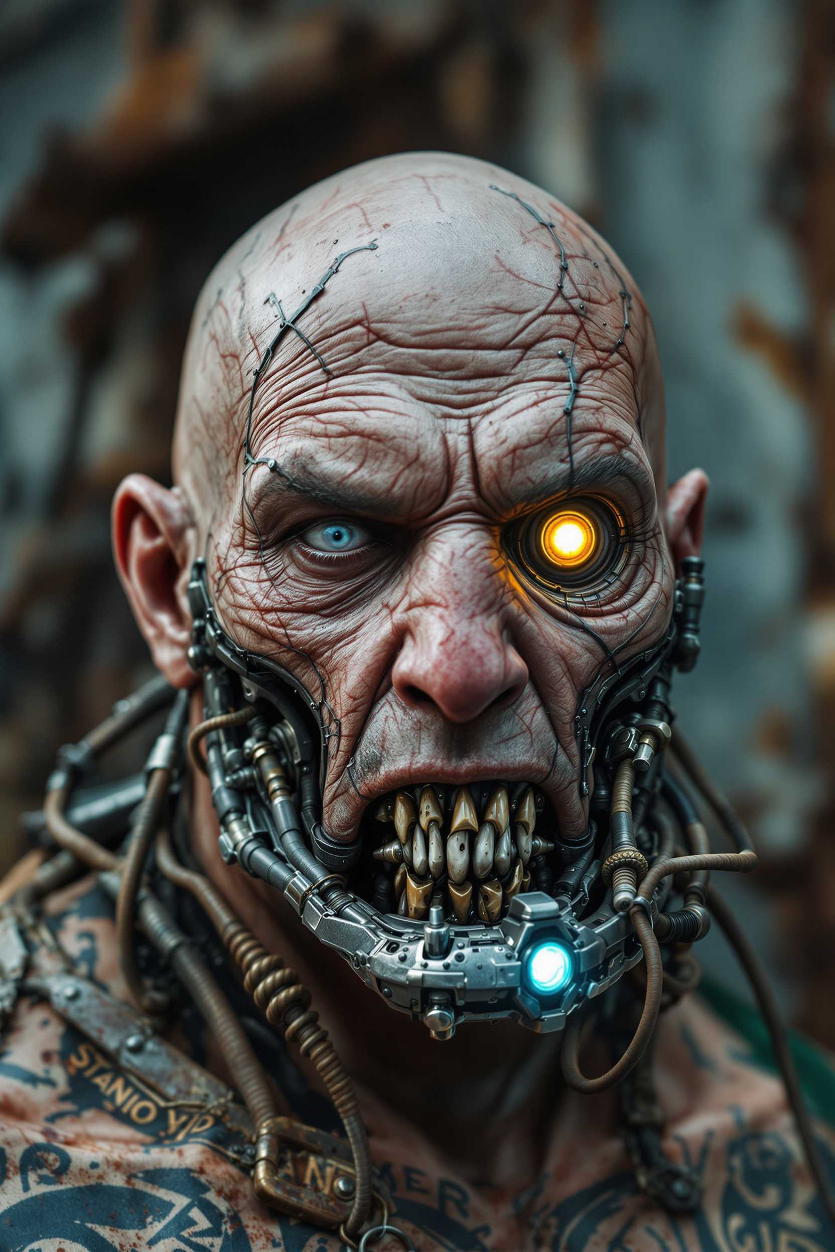 post-apocalyptic cyborg with a menacing, stern face, thick skin, no nose - Bald head covered with scars and metal implants. The right eye is a glowing lens. In the vicinity of the metal jaw, protruding pipes and mechanical elements are visible. face - covered with a lot of runic tattoos. - metal rings. The background shows an industrial wall with a metal, rusty windmill - a dark, dystopian image. ultra-detailed. hd 8k