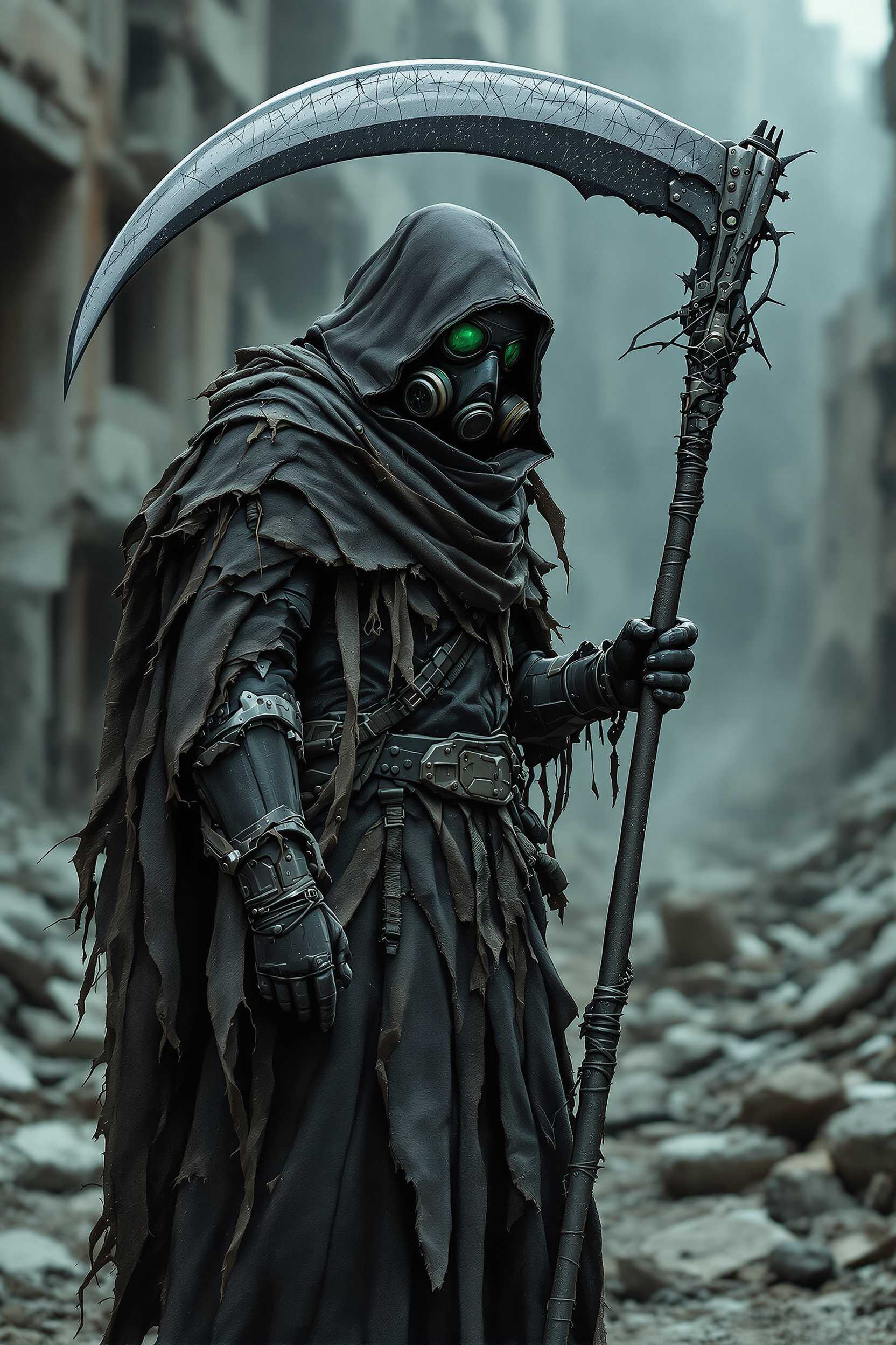 A figure of a dark reaper in a post-apocalyptic world, dressed in dark, worn armor and wrapped in a ragged, long cloak with a hood. His face is hidden by a gas mask with a filter and shiny visors and green goggles - he holds a large, mechanical scythe with a blade full of scratches and technological details, directed to the side. Background: destroyed, abandoned buildings, covered in dust and rubble, emphasizing the atmosphere of the fall of civilization. ultra-detailed, ultra-photographic, dark