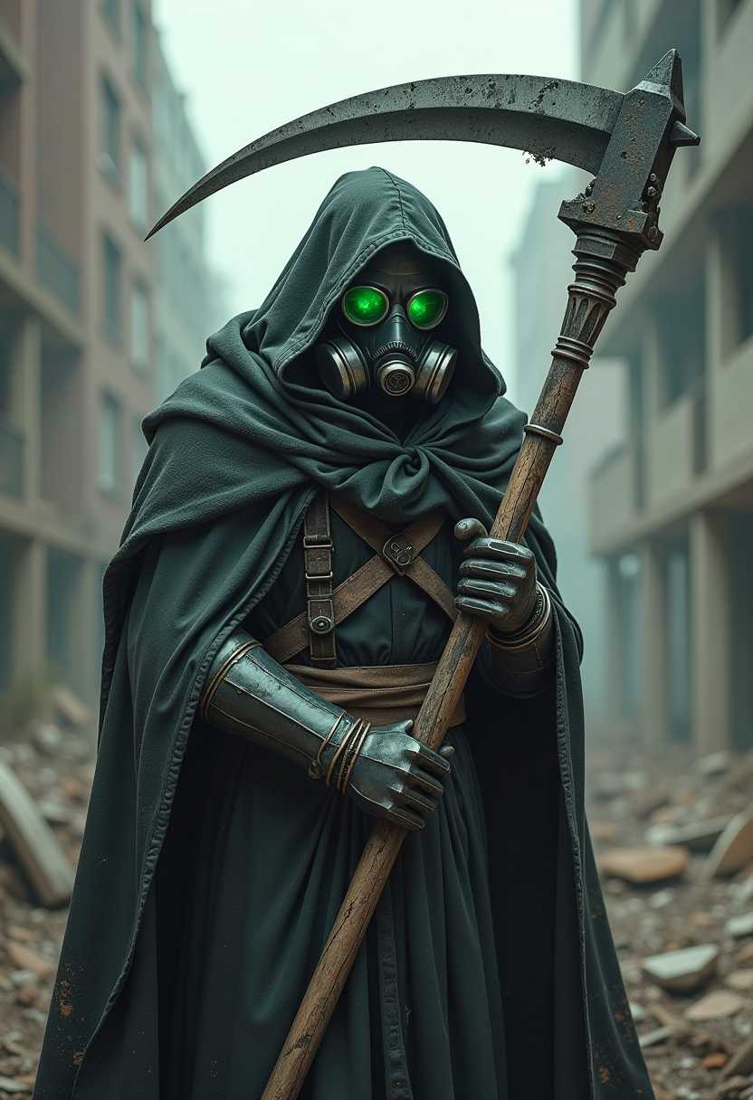 A figure of a dark reaper in a post-apocalyptic world, dressed in dark, worn armor and wrapped in a ragged, long cloak with a hood. His face is hidden by a gas mask with a filter and shiny visors and green goggles - he holds a large, mechanical scythe with a blade full of scratches and technological details, directed to the side. Background: destroyed, abandoned buildings, covered in dust and rubble, emphasizing the atmosphere of the fall of civilization. ultra-detailed, ultra-photographic, dark