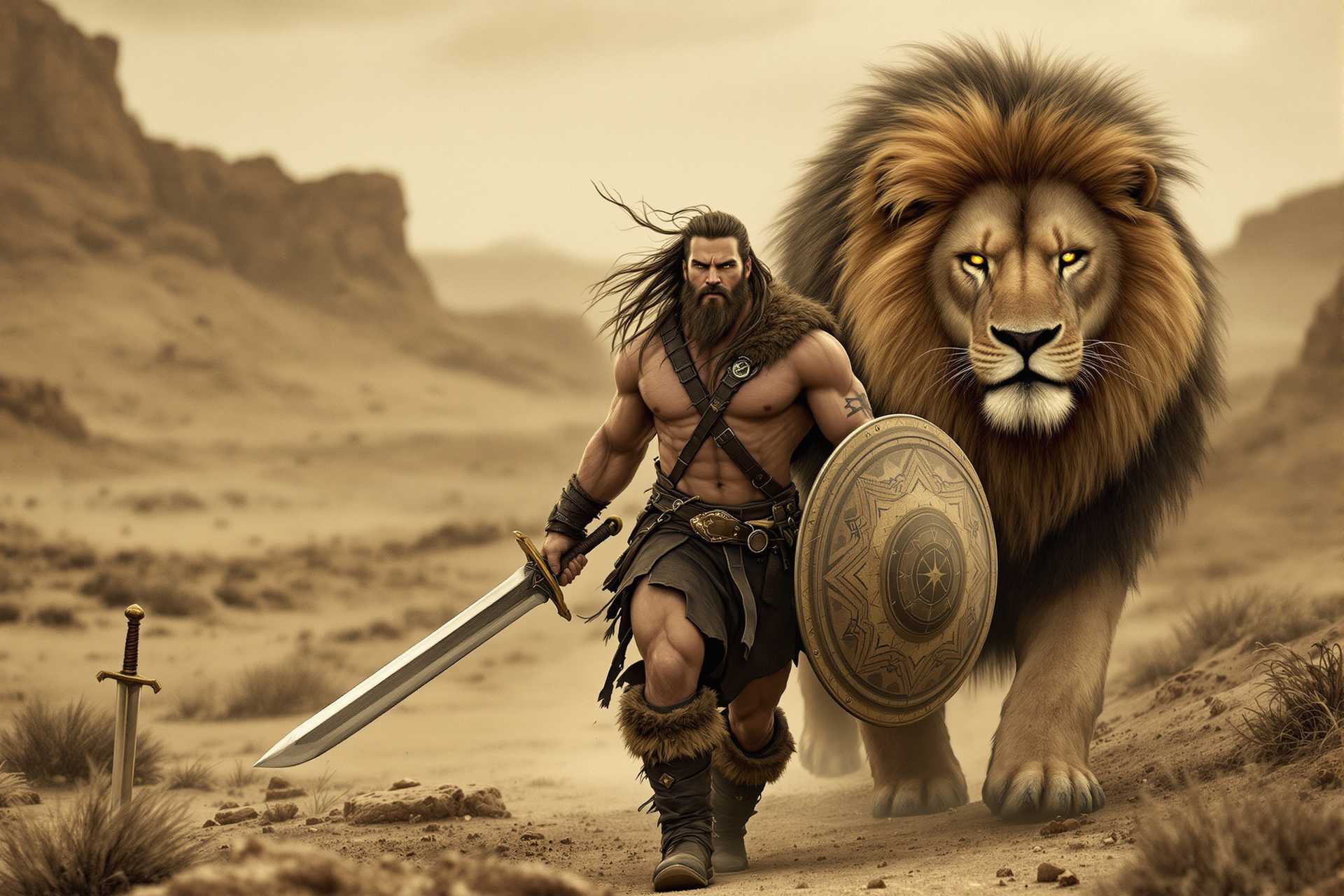 An epic photography in the style, depicting a muscular warrior with long, wind-blown hair and a beard, wielding a massive sword and a round shield. He wears leather straps, fur-lined boots. The warrior strides confidently through a harsh, desert-like landscape, accompanied by a majestic, enormous lion with a thick mane and a piercing gaze. In the background, vast plains, rocky hills, and an abandoned sword stuck in the ground can be seen. The image is rendered in sepia tones, with rich details, classic atmosphere of mythological fantasy
