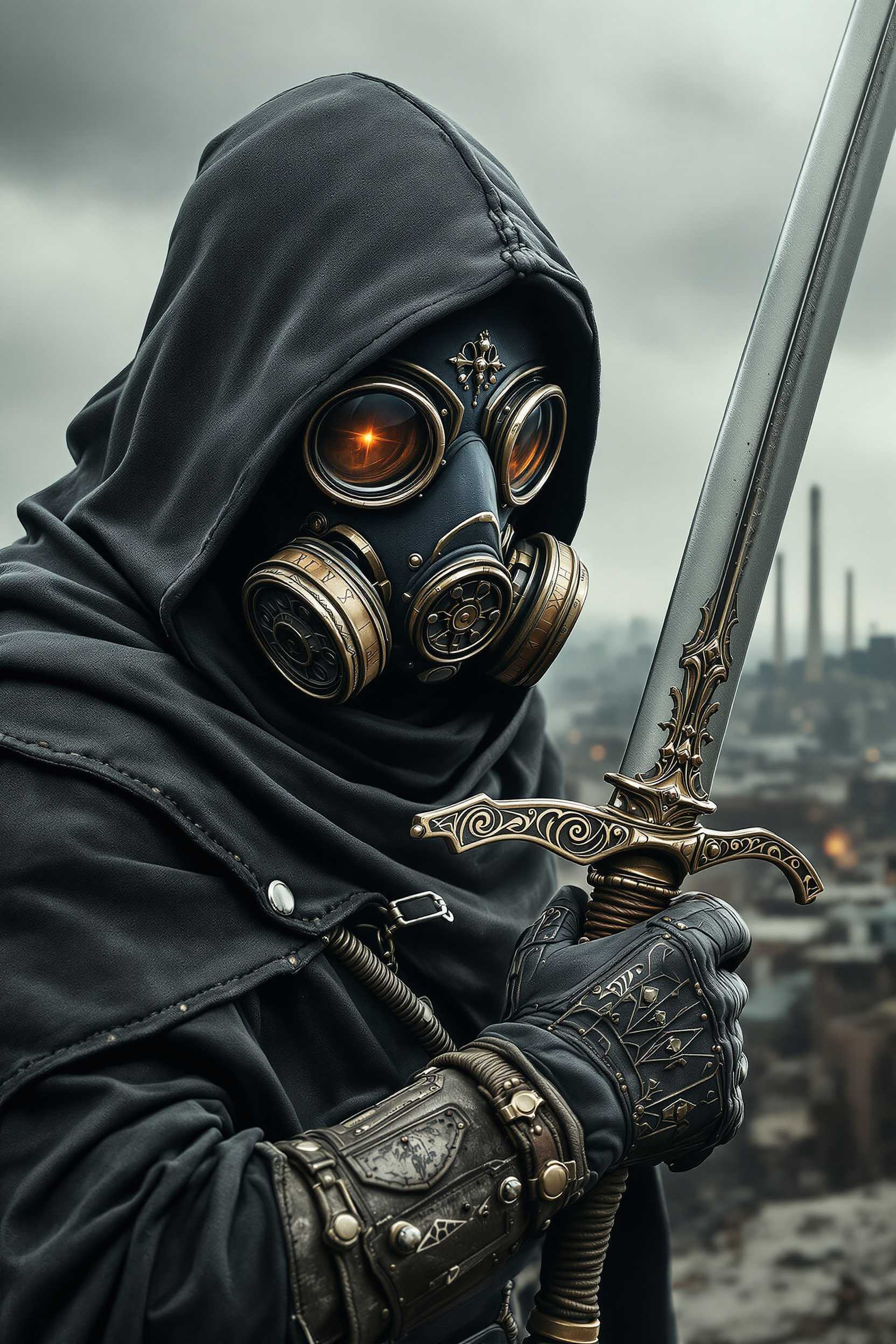 A post-apocalyptic warrior wearing a dark, weathered hooded cloak and an intricate, steampunk-inspired gas mask with large circular lenses and metallic filters. The mask has a detailed, industrial design with engravings and mechanical elements. The warrior grips a finely crafted sword with an ornate hilt, featuring engravings and a wrapped handle, exuding a mix of medieval and futuristic aesthetics. The gloves are made of worn leather with metallic buckles and reinforced stitching. The background depicts a desolate, ruined city with abandoned buildings and distant industrial smokestacks under a gray, cloudy sky, emphasizing the dystopian and war-torn atmosphere. The overall tone is dark, gritty, and cinematic, evoking a sense of mystery and resilience in a harsh, unforgiving world