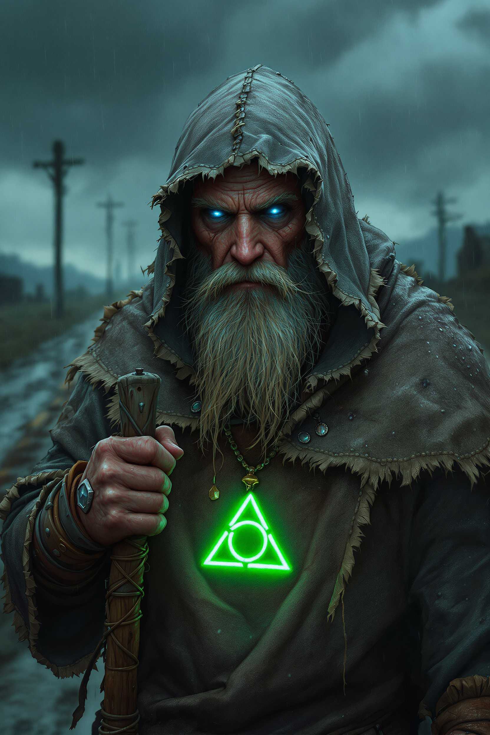 An ultra-detailed and hyper-realistic digital painting of an old, bearded wanderer in a post-apocalyptic wasteland, walking through a stormy, desolate landscape. His piercing, glowing blue eyes reflect wisdom and power. His tattered, hooded cloak is made of rough, weathered fabric, covered in dirt, frayed edges, and intricate stitched patches. Rain pours down heavily, drenching his worn clothing, with droplets clearly visible clinging to the fabric. His deeply wrinkled face, sunken yet strong, tells a story of hardship and survival. His hand, aged and calloused, grips a gnarled wooden staff, wrapped in leather and adorned with small trinkets. Around his neck hangs a mysterious glowing green talisman in the shape of a triangular symbol, casting an eerie light on his chest. The background is blurred but shows an abandoned road, broken structures, and a dark sky filled with heavy clouds. The entire scene is soaked in rain, creating dynamic reflections and wet textures on every surface. The atmosphere is both mystical and ominous, evoking a sense of ancient power and survival in a ruined world