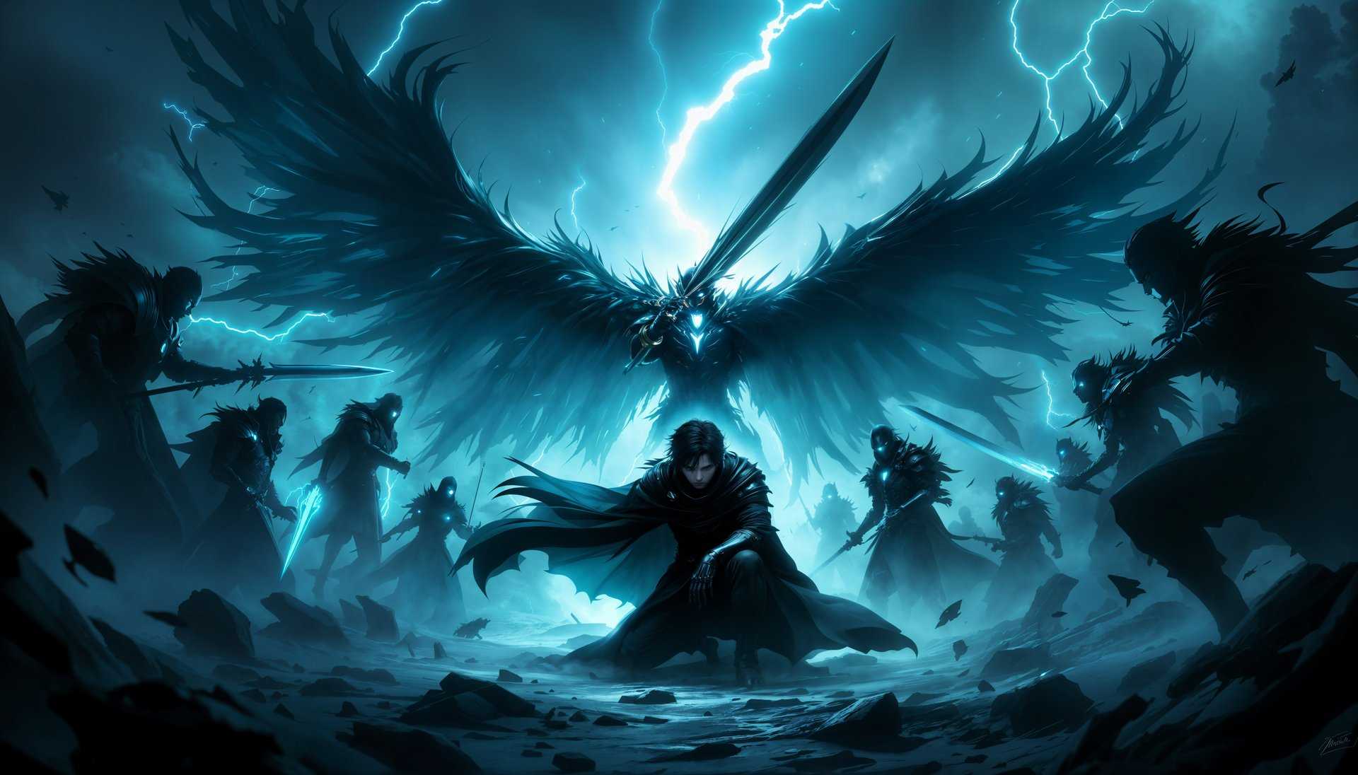 masterpiece, best quality, highres, sharp image, more detail, Create an **epic battle scene** from the **anime manhwa 'Solo Leveling'**:

**Subject**: Sung Jinwoo, a **young, dark-haired** protagonist, stands at the center, **clad in his iconic black coat**, with **eyes glowing with a fierce, determined light**.

**Companions**: Surrounding him are his **army of shadows**, each with distinct **armor and weapons**, casting an eerie **ethereal glow** against the **dark, smoky background**. His **most loyal shadow**, **Igris**, is prominently positioned, **kneeling beside Jinwoo**, **holding a massive sword**, his **armor reflecting the faint light**.

**Setting**: The **battlefield** is **strewn with debris and remnants of past battles**, **under a stormy sky** with **lightning occasionally illuminating the scene**, casting **dramatic shadows** and **highlights**.

**Visual Elements**:
- **Textures**: Jinwoo's coat has a **leathery texture**, the shadows have **a smoky, translucent appearance**.
- **Colors**: Predominantly **dark blues, purples, and grays** with **occasional flashes of bright red from the lightning**.
- **Lighting**: **High contrast** with **directional light** from the lightning, creating **deep shadows** and **sharp highlights** on the characters.

**Artistic Style**: 
- **Anime-style** with **exaggerated proportions** and **dynamic poses** typical of **shonen battle scenes**.
- **Technique**: Use **cel-shading** to mimic the look of **hand-drawn anime**, enhancing the **manga-inspired** feel.

**Composition**: 
- **Jinwoo is slightly off-center**, creating a **dynamic balance** with the **shadows**, **Igris** providing a **counterpoint** to Jinwoo's figure, **emphasizing their bond**.
- **Camera angle**: A **low angle** to **emphasize the power** and **grandeur** of the scene, making Jinwoo and his shadows appear **more imposing**.

**Mood and Atmosphere**: 
- **Epic and intense**, with a **sense of impending battle**. The **stormy weather** adds to the **tension** and **foreboding atmosphere**.
- **Time**: **Evening**, with the **last light of day** barely visible through the **storm clouds**.

**Technical Aspects**: 
- **Depth of field** to focus on **Jinwoo and Igris** while the **