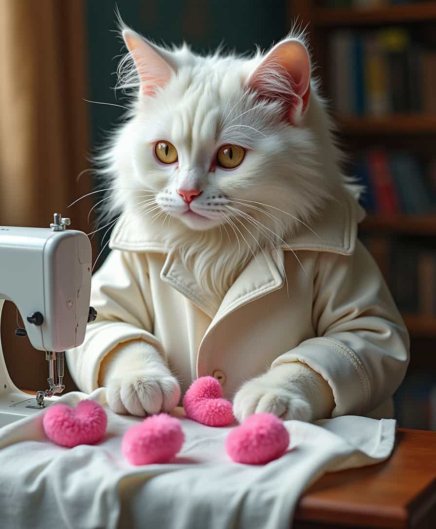 a big white shaggy brutal disheveled cat in a housecoat, sewing white fabric with pink fur hearts on a sewing machine, pink fur hearts break out of the fabric and fly around the room, high detail,surrealism
