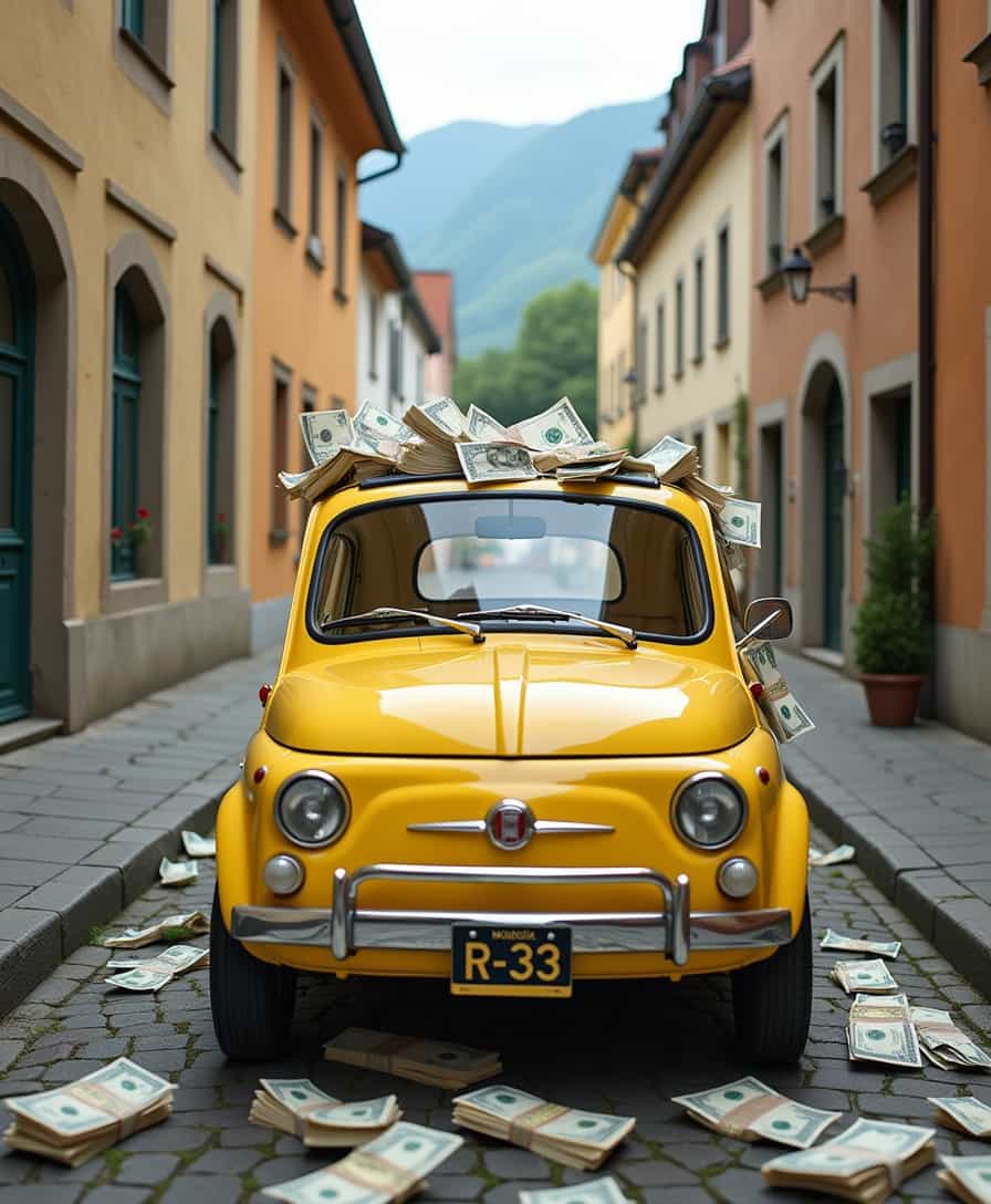 yellow FIAT 500 Cinquecento 1957 driving through liechtenstein castle with a lot of banknotes scattered behind ,filled with wads of cash, car color yellow, license plate "R-33"