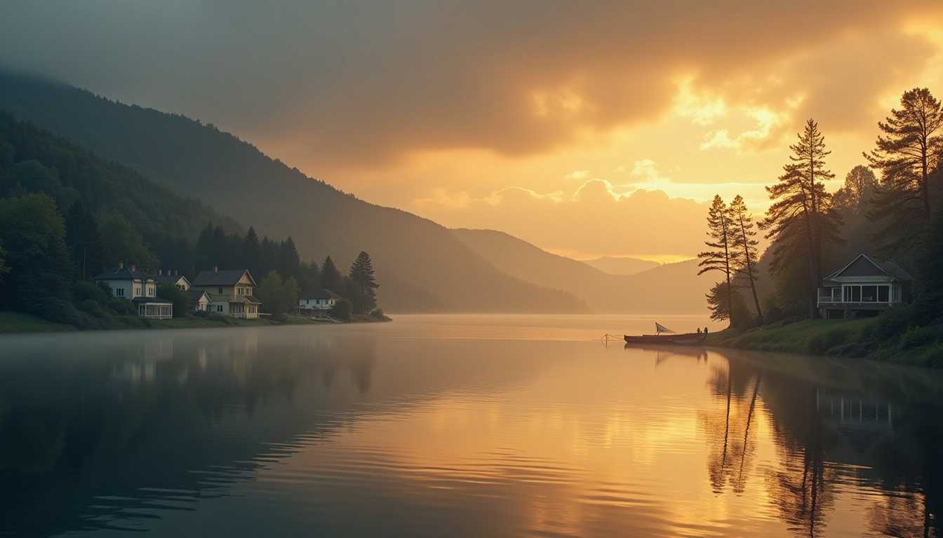 landscape, night lake, light, gold, silver, copper, gray sky, early evening sunset. Village, houses, trees, boat, fog.
Early American style. Standard lens. Diffuse lighting. Mist arises off the water. Reflections in the water. Realistic style photo.