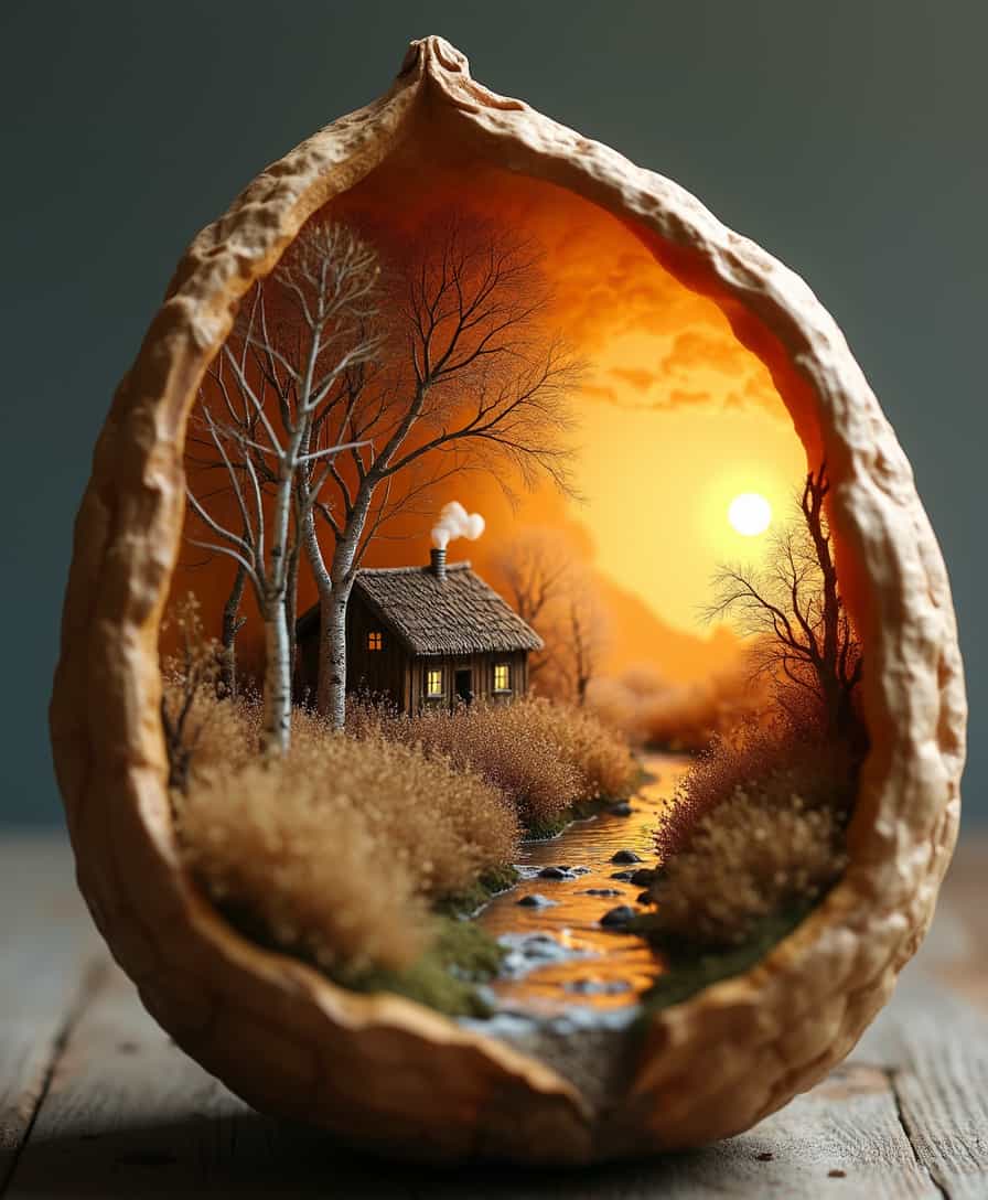 in a huge walnut shell, three-dimensional animated image, 3d projection of a micro landscape miniature birch,tall withered grass, hut smoke from a chimney, sunset, rowan bushes, stream, in a walnut shell,structurally, relief,miniature in a walnut shell, beautifully voluminous, botanical, surrealism, glitter, sideways