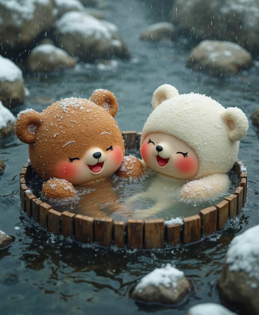 (bird's eye view), Lots of little cute bear dolls, brown bear, white bear, soaking in a big river, river deep in the mountains, hot spring surrounded by rocks, winter, snow falling, outdoor bath, neck-deep in hot water, eyes closed, smiling, smiling, mouth open, relaxed, childlike atmosphere, clay model-like image, mountain top, hot water, red cheeks, lots of steam from river, wide angle, bird's eye view like image, mountain top, steam, red cheeks, lots of steam from the river, wide angle,  Translated with DeepL.com (free version) aidmafluxpro1.1, in the style of dmai
