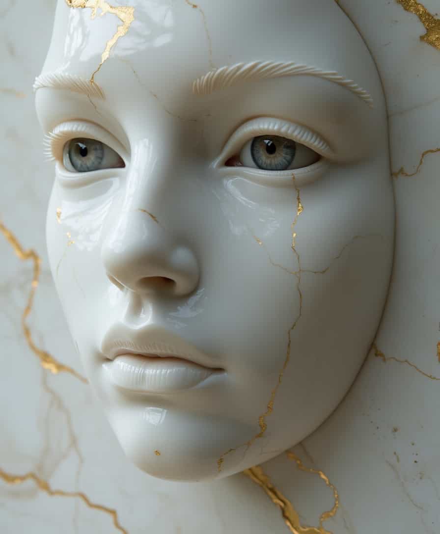 from a sheet of white marble emerges the face of a beautiful 18 year old woman made of white marble except for the eyes,the face is oval shaped with rosebud lips and slightly slanted eyes. The face has a small nose that is slightly upturned
the womans eyes have opened revealing human eyes, the eyes are grey
the expression on the face is completely calm
there are gold inclusions in the marble
the background is filled with marble