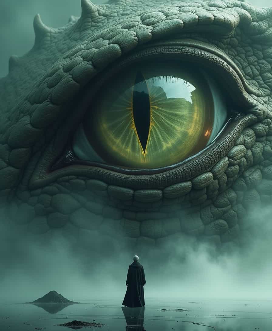 a striking and surreal scene that combines elements of both the natural world and fantasy. Dominating the composition is a massive, reptilian eye, filling almost the entire frame. The eye is highly detailed, with a slit-like pupil that suggests it belongs to a large, powerful creature, perhaps a dragon or another mythical being. The texture around the eye is rugged and scaly, giving the impression of ancient, weathered skin. In the lower portion of the image, a solitary human figure stands before the eye, dressed in a flowing black robe. The figure is tiny in comparison to the colossal eye, emphasizing the vast difference in scale and power between the two. The person stands on a surface that appears to be water or mist, which reflects the eerie, otherworldly light that surrounds the scene. The atmosphere is misty and dreamlike, adding to the sense of mystery and awe. Overall, the image is both dramatic and thought-provoking, blending cultural elements with a fantastical imagination to create a visually captivating scene.