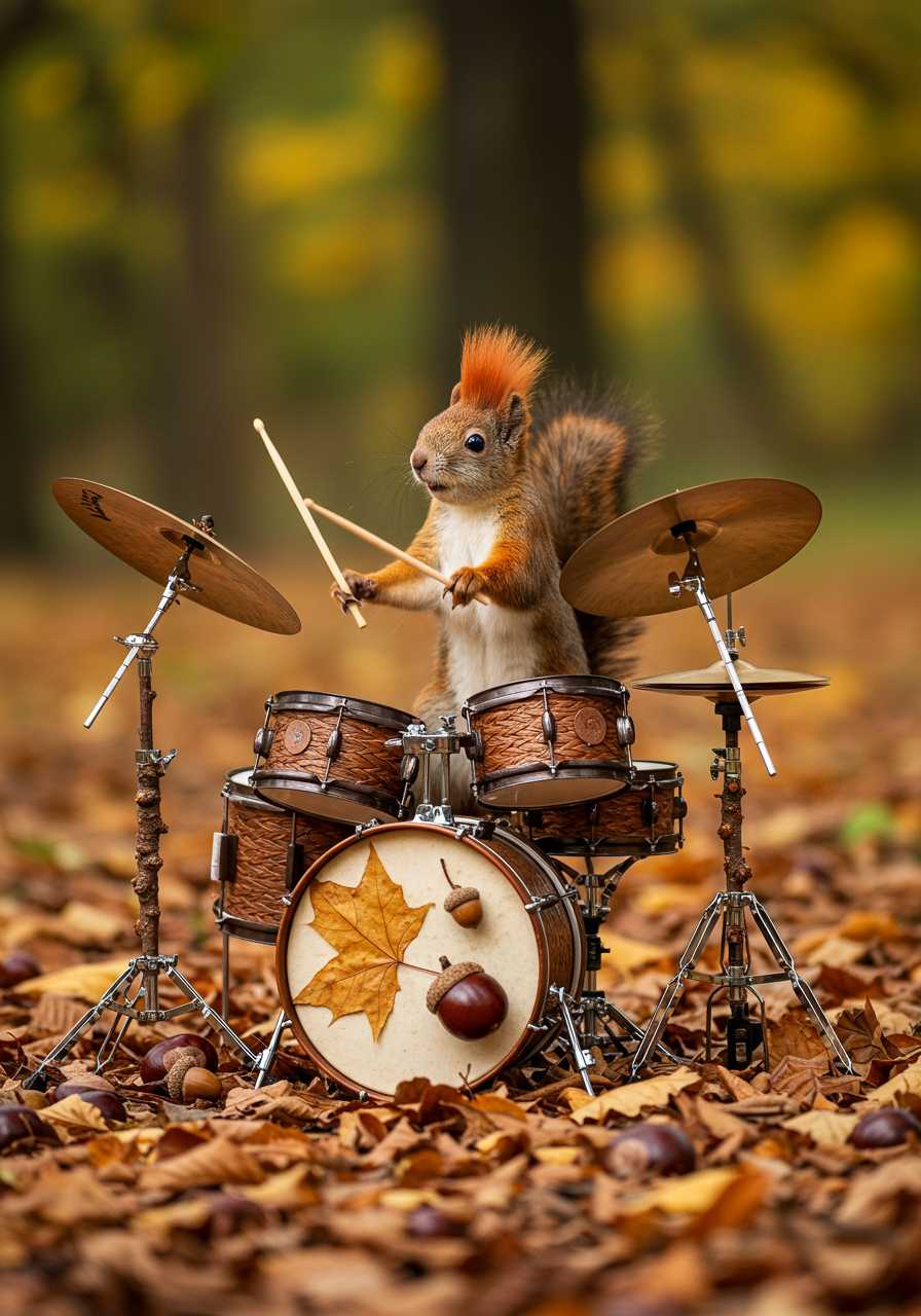 A professional photograph of a quirky squirrel with a fiery red mohawk, energetically playing a whimsical drum set in a vibrant autumn forest. The drum kit is entirely imagined, with bass drums made from hollowed, oversized chestnuts that have been polished to a gleaming finish. The snare drum is crafted from a woven basket of intertwined twigs and leaves, producing a crisp, earthy sound. Cymbals are formed from large, dry maple leaves, their edges curled and textured, hanging on thin branch stands. Smaller acorns serve as tom-toms, and the hi-hat is composed of overlapping oak leaves, delicately stacked on a twig frame. Every element of the drum set is organic, blending seamlessly into the forest floor, which is blanketed in a rich layer of autumn leaves, as the squirrel’s paws expertly tap the instruments, filling the scene with the imagined rhythm of nature