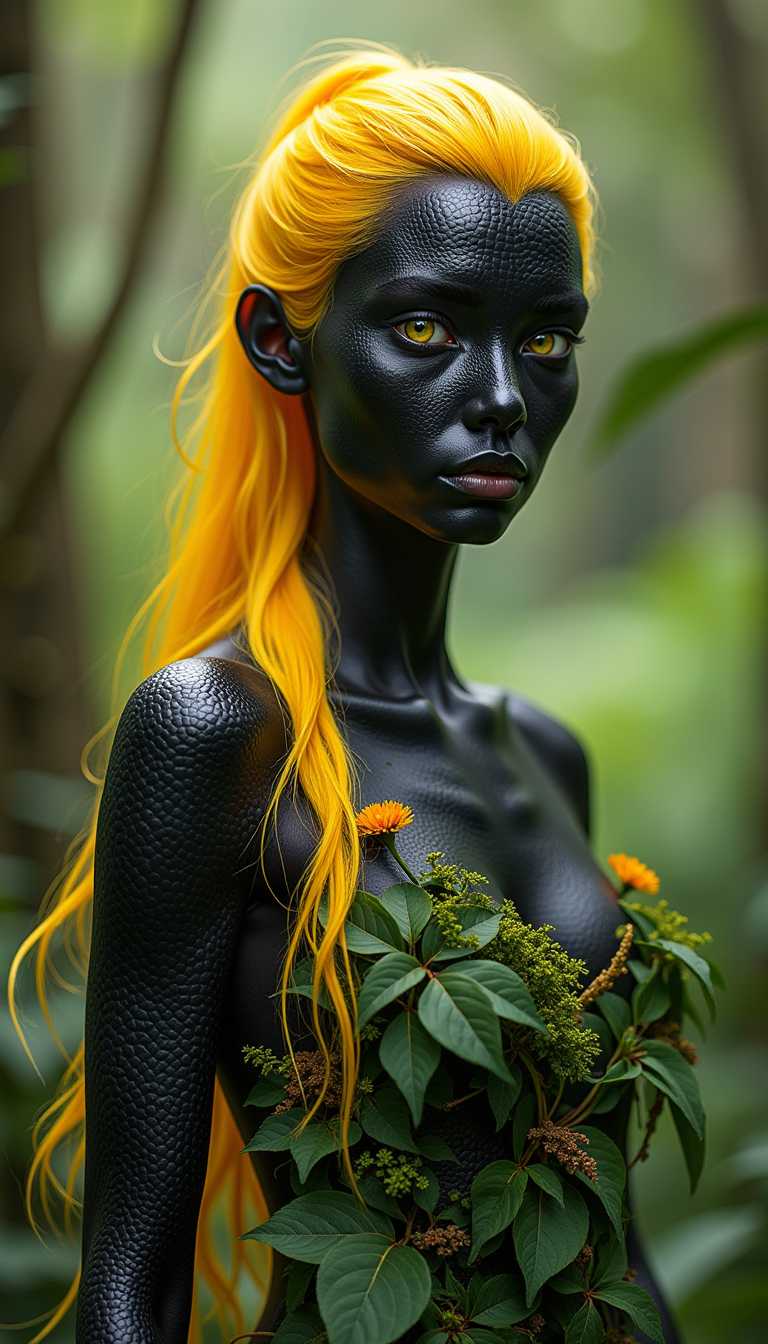 Create a hyper-realistic, professional-quality photograph of a young woman with striking black and yellow salamander-like features, set in a wild, natural environment. Her skin is textured like a salamander’s, with bold patterns of glossy black and vibrant yellow that create a mesmerizing, high-contrast appearance. She has strong, piercing yellow eyes that reflect her connection to the wild, and her hair is a vivid, strong yellow, standing out dramatically against the natural surroundings.black light armor,menacing face.
Her clothing is crafted from natural vegetation—leaves, vines, and flowers that are woven together to form a dress, blending seamlessly with the wilderness around her. The setting is deep in a lush forest, surrounded by rich greenery, towering trees, and dappled sunlight filtering through the canopy, casting a soft light on her unique features.
The lighting in the scene is natural, enhancing the glossy texture of her black and yellow skin and the vibrant color of her hair and eyes. The overall composition highlights the harmony between her striking appearance and the wild environment, creating a visually stunning and ethereal image."