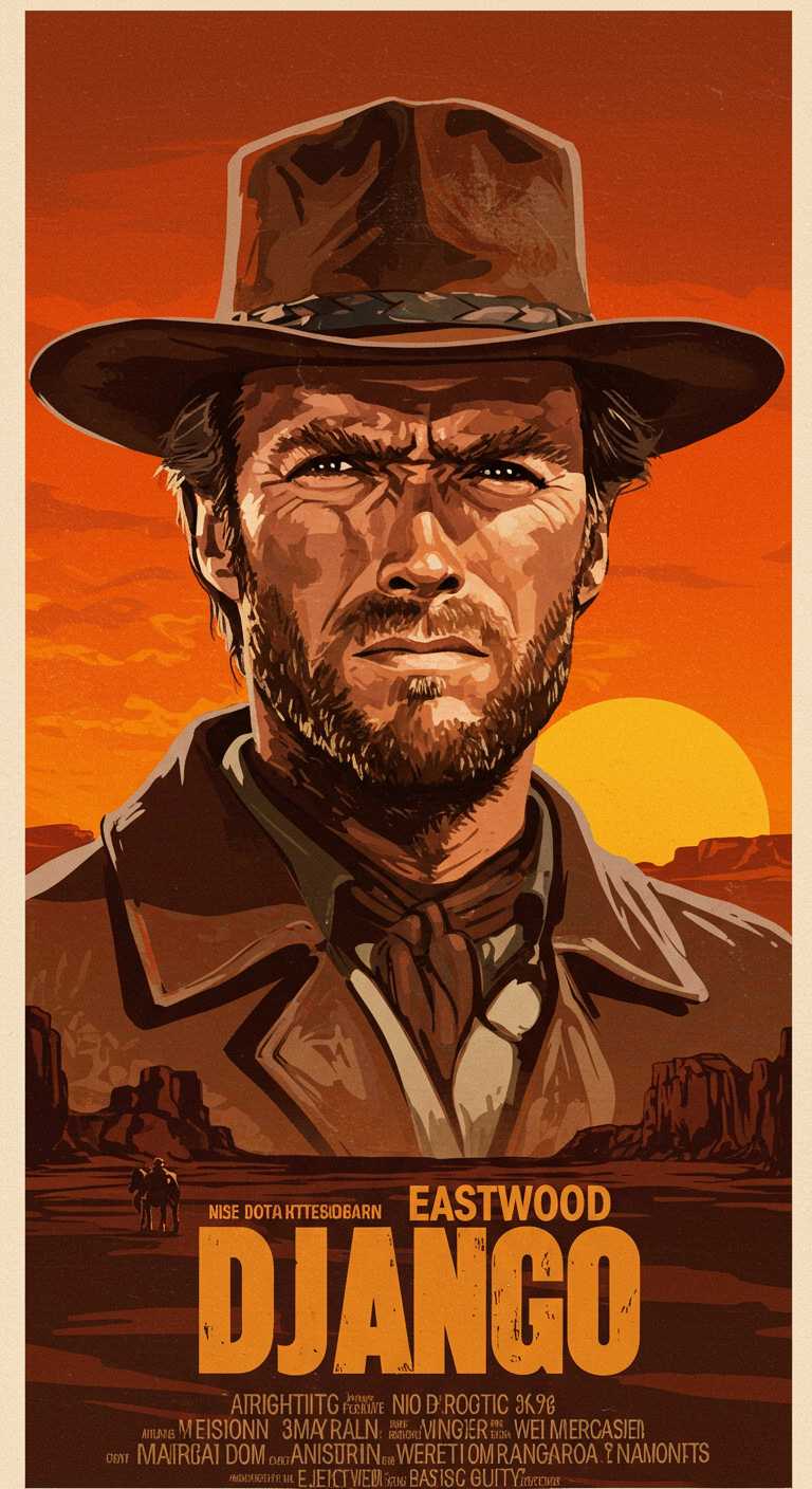 Old western Movie Poster from the 70th with painted Clint Eastwood with movie title: "Django"