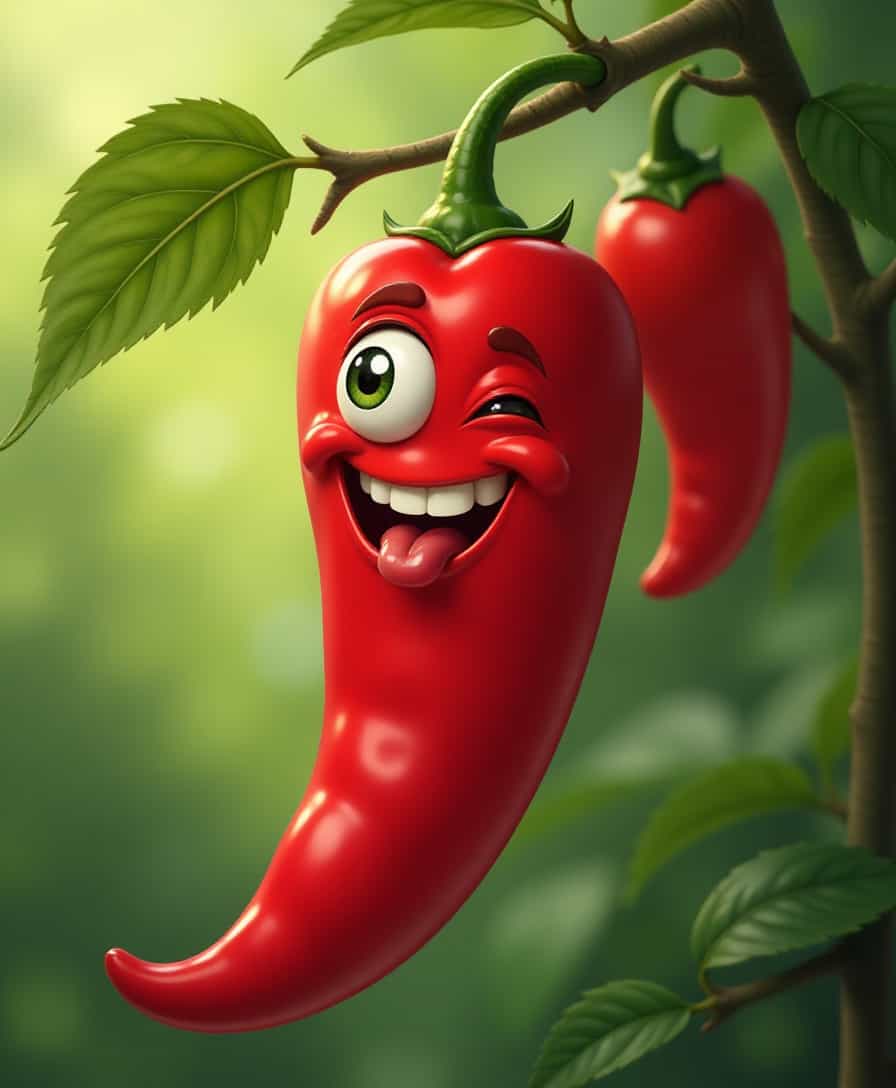 Artvl sly smile, winks with one eye, sticks out tongue, one eye open, big red elongated pepper 🌶️, winks, give a wink, hangs on a branch with other peppers Standard lens