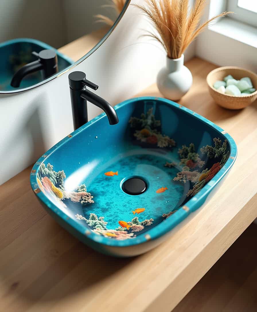 A minimalistic close-up of a 3D handcrafted epoxy sink, designed with a stunning ocean scene of crystal-clear waters, vibrant coral reefs, and tropical fish, seamlessly blended with intricate wave textures and marine life. The sink features a functional drain subtly crafted to resemble a seashell, perfectly integrating with the aquatic theme. The glossy epoxy resin finish enhances the vibrant colors and lifelike textures, creating a serene underwater effect. Set within a modern beach house bathroom, the sink is framed by whitewashed walls and a floating vanity of light oak wood. Matte black fixtures add a touch of elegance, while minimalist coastal-inspired accents like a ceramic vase with pampas grass, a woven basket, and a small glass bowl filled with sea glass bring subtle sophistication. Clean design, warm ambient lighting, ultra-detailed textures, cinematic realism, 8K ultra-HD render.