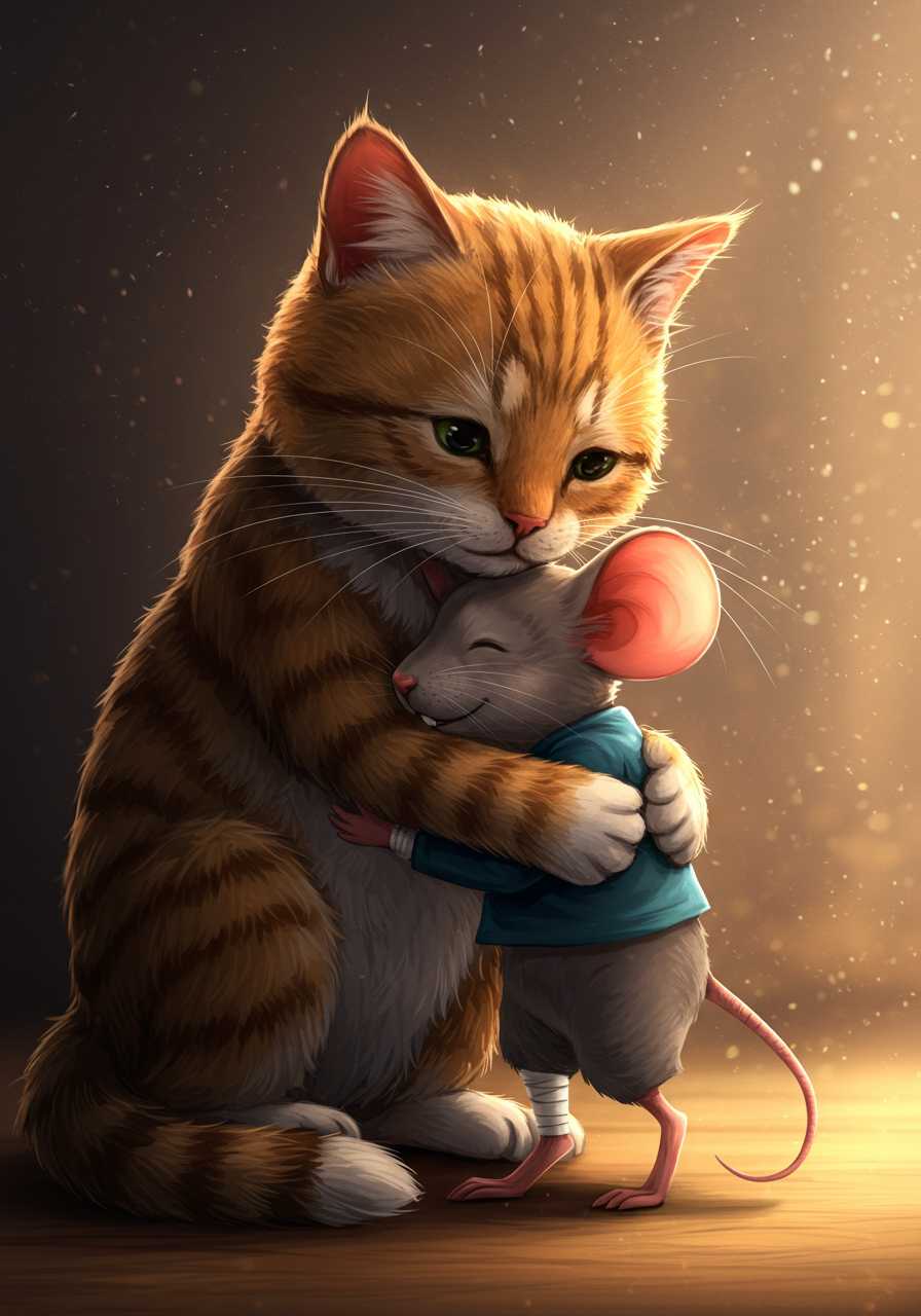 "A heartwarming  scene of a cat and a mouse hugging each other with affection. The cat gently wraps its paws around the small mouse, while the mouse leans into the cat, showing gratitude and warmth. The mouse’s injured leg is now bandaged, and both characters have peaceful and happy expressions. The background has a soft, warm glow, creating an emotional and cinematic atmosphere, symbolizing unexpected friendship."