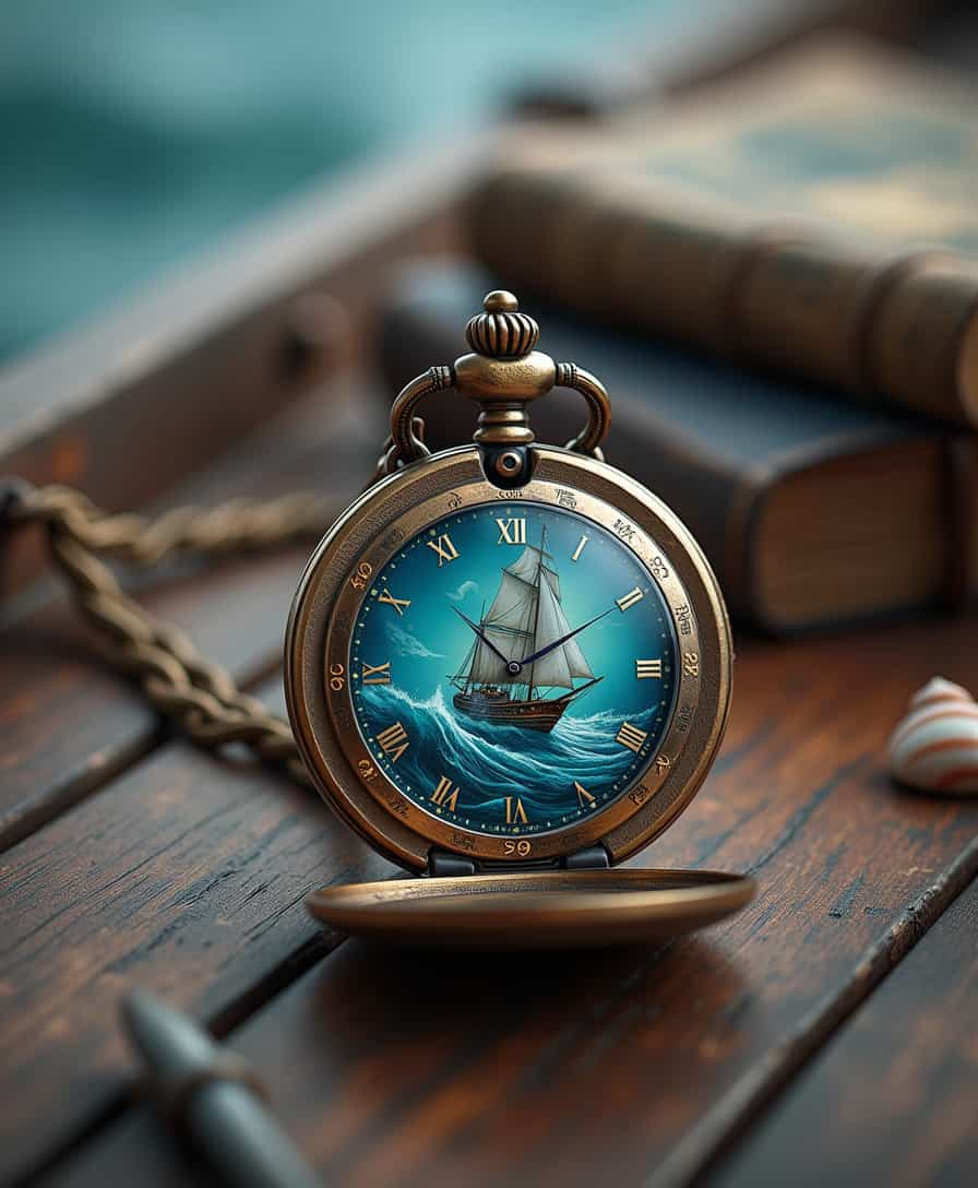 A minimalist close-up of a handcrafted luxury pocket watch, designed with a breathtaking ocean theme. The watch cover features an intricate engraving of a majestic sailboat sailing through turbulent waves, with delicate compass roses and maritime symbols engraved around the edges. When opened, the watch face reveals a fascinating scene of the deep sea in shimmering blue and turquoise hues, adorned with gold nautical details such as an anchor-shaped second hand and Roman numerals resembling ancient maritime maps. The case is aged brass with a subtle patina, evoking a vintage nautical charm, while the chain is crafted from oxidized silver, enhancing the nautical aesthetic. A domed sapphire crystal adds depth and brilliance, amplifying intricate underwater details. Placed on a rustic wooden ship deck with soft ambient lighting and ocean mist in the background, the scene is framed by maritime elements such as a coiled rope, an old captain's logbook, a weathered compass and scattered shells. Sleek design, warm ambient lighting, ultra-detailed textures, cinematic realism, 8K ultra-HD rendering.