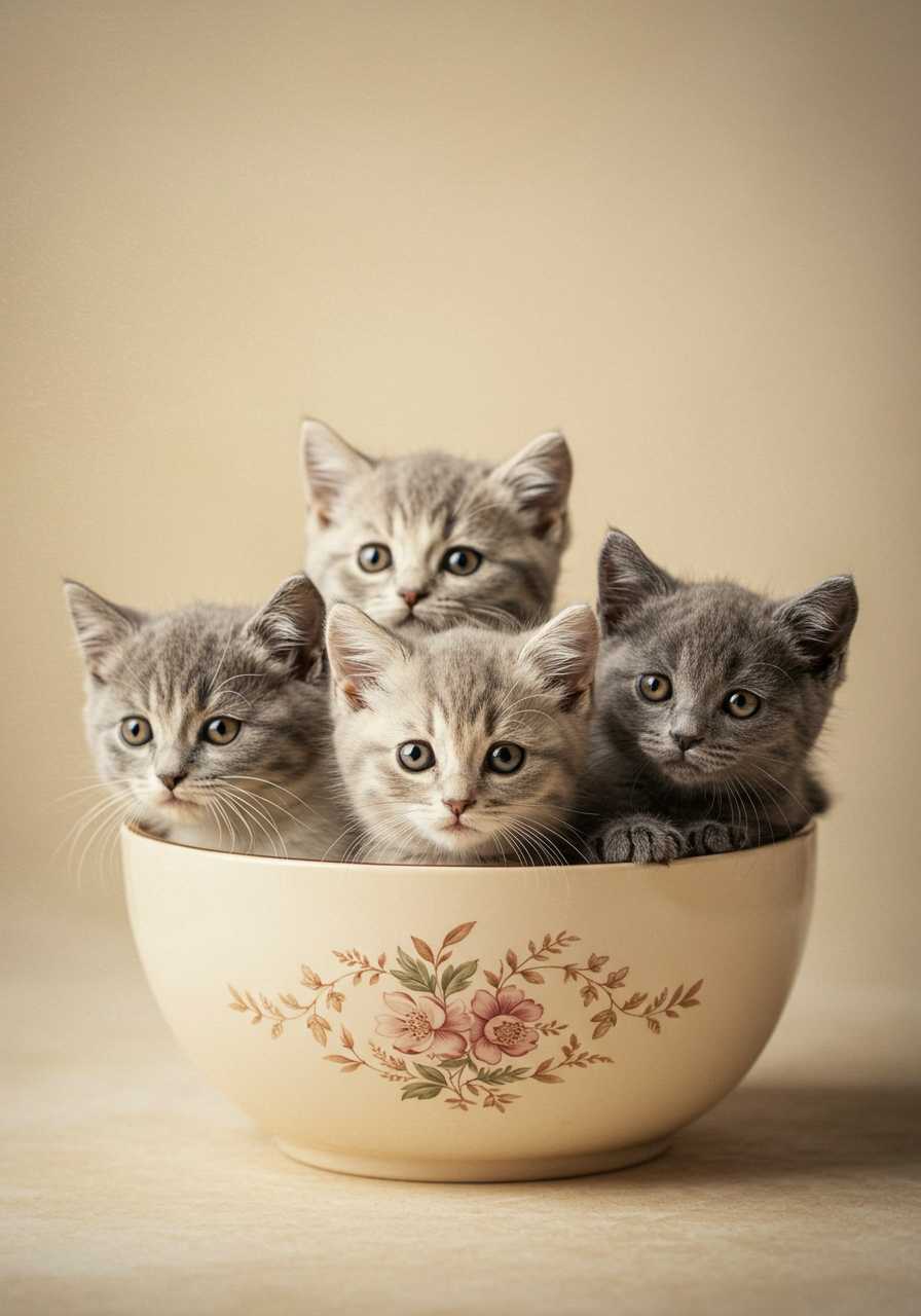 A heartwarming, artistic portrait photography of four adorable kittens snuggled together in a delicate, vintage-inspired ceramic bowl, set against a soft, creamy background with subtle texture, evoking a sense of warmth and coziness. The kittens, varying in shades of gray and white, have big, bright eyes, tiny noses, and fluffy fur, with one kitten peering out of the bowl, as if curious about its surroundings. The lighting is soft and warm, with a subtle gradient effect to emphasize the kittens' features. The overall aesthetic is whimsical, playful, and endearing, capturing the innocence and charm of the kittens. The photograph is shot from a slight overhead angle, creating a sense of intimacy and drawing the viewer's attention to the adorable kitten faces. The image is rich in detail, with subtle shadows and highlights that add depth and character to the scene.