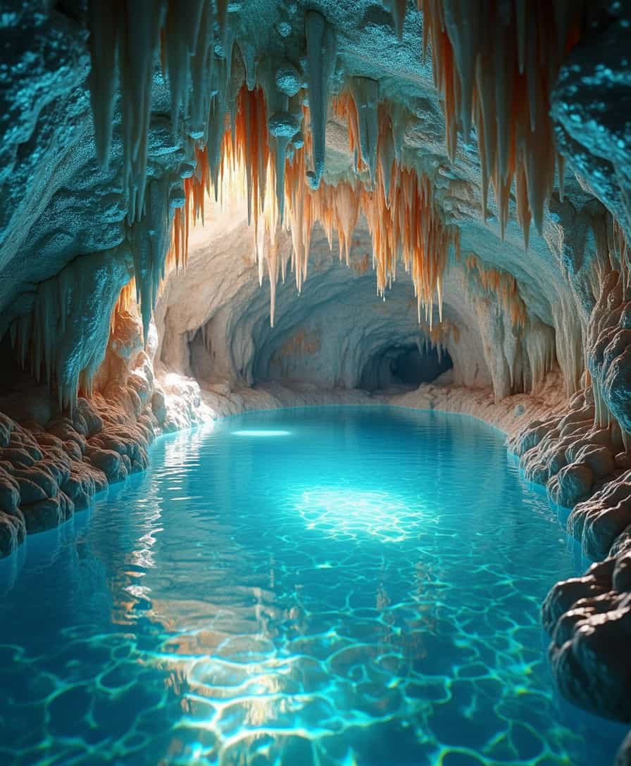 A breathtaking, surreal pool inside a luminous crystal cave. The cave walls are adorned with shimmering, multicolored crystals that reflect dazzling light patterns across the water’s surface. The pool is pristine and clear, with a glowing turquoise hue. Delicate stalactites hang from the ceiling, glistening like precious gems. Soft, ethereal light filters through cracks in the cavern, creating a magical atmosphere. The scene feels otherworldly, peaceful, and enchanting, inviting you to take a dip in this hidden gem of nature.