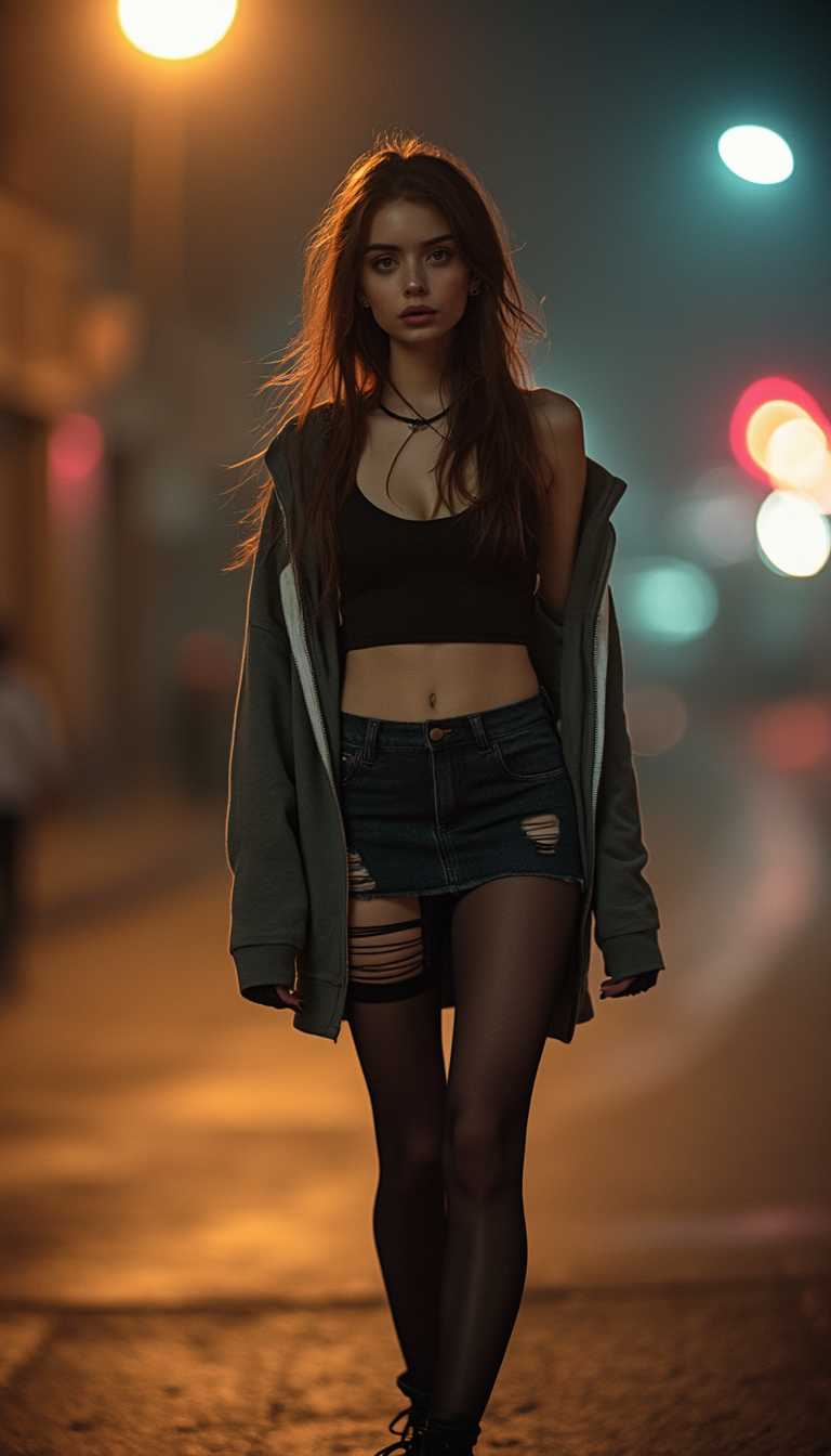 A captivating night-time street photograph featuring, slender woman walking gracefully under the soft glow of a street lamp. She wears a stylish mini skirt with torn tights, creating an edgy vibe for her outfit. Her tank top is paired with an unzipped hoodie that flows loosely over her frame, adding to her laid-back style. Her long, loose hair cascades down her shoulders, and her face is elegantly defined, with delicate features that capture attention. The detailed photo beautifully highlights the ambiance of the nighttime setting, showcasing the interplay of light and shadows as she strolls confidently down the street.