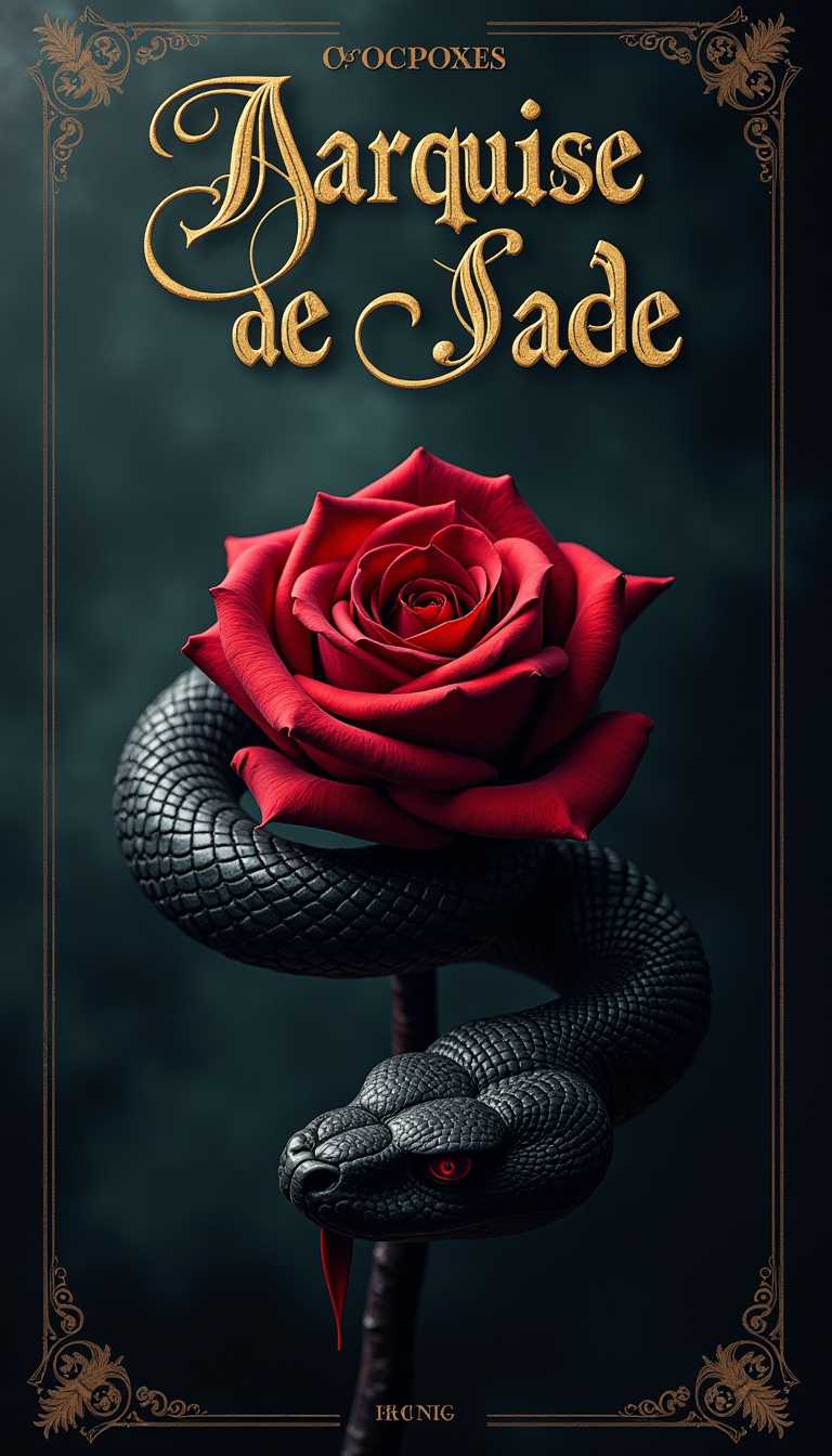 A haunting and immersive photography piece depicting Роза и змея, a mesmerizing poster for the theatrical performance of "Мarquise de Sade", set against a dark, moody background evoking an air of mystery and intrigue, with soft, misty lighting that casts eerie shadows, the contrast between the bold, crimson rose and the serpent's scales creating a sense of tension and foreboding, the title of the play "Мarquise de Sade" emblazoned across the top in bold, golden font with ornate, curved lines, while the background whispers hints of lavish, Baroque-inspired patterns, the overall mood shrouded in an aura of mystery and seduction.