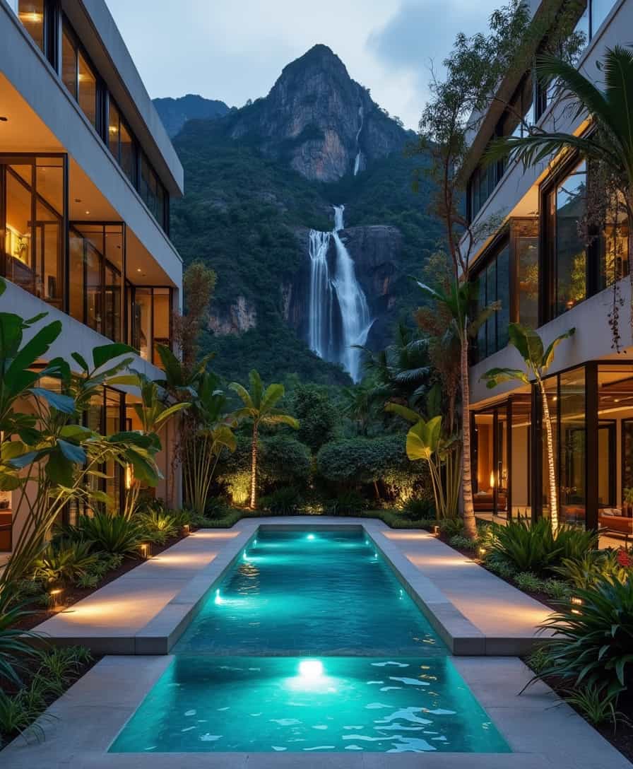 Image depicts a modern architectural style courtyard with a luxurious, rectangular swimming pool at the center. The pool is illuminated with blue and green lights, creating a serene ambiance. Surrounding the pool are lush tropical plants and trees, adding a natural element to the sleek design. The courtyard is flanked by two contemporary buildings with large glass windows, allowing warm light to spill out, enhancing the inviting atmosphere. In the background, a majestic mountain with a cascading waterfall is visible, framed by the buildings and adding a dramatic natural backdrop to the scene. The overall layout is symmetrical, with clean lines and a harmonious blend of nature and modern architecture.