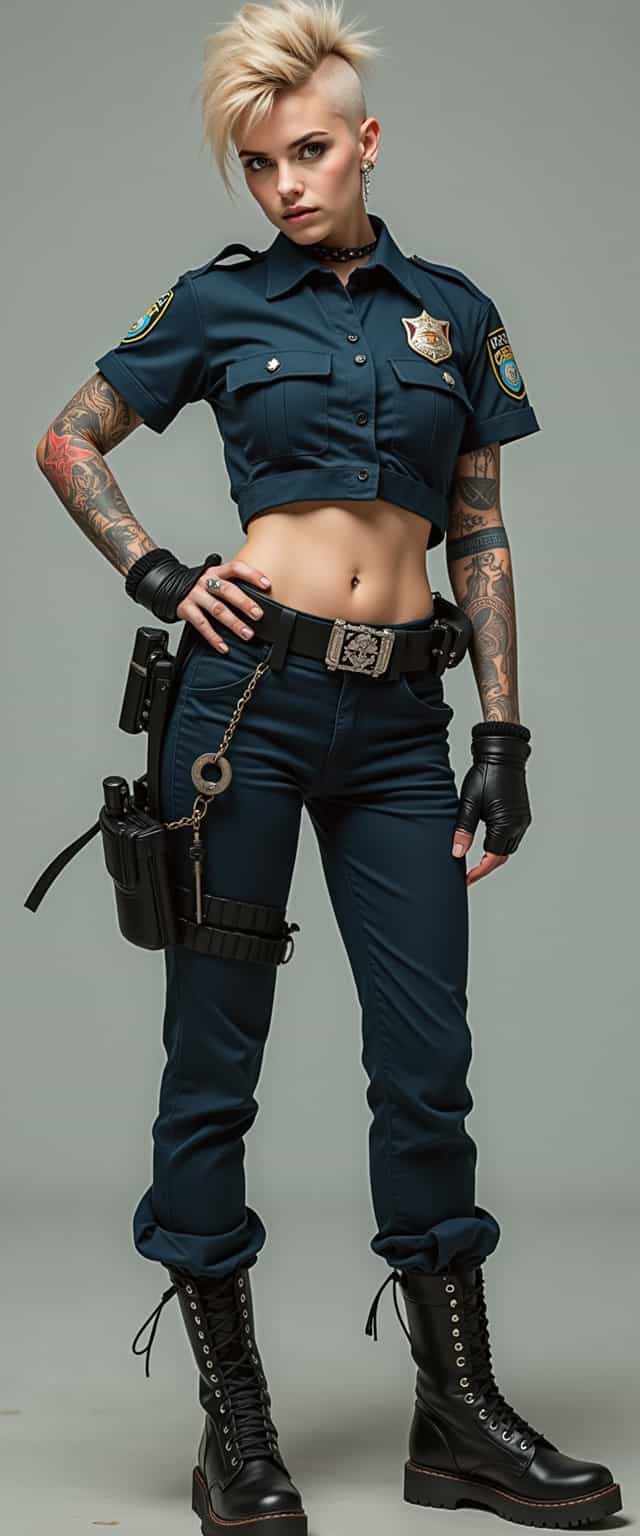 A rebellious 25-year-old woman, embodying a mix of tomboy, emo, and punk styles, stands boldly in a police uniform. She sports a short Mohawk haircut, exuding an air of defiance and confidence. With a very skinny frame, large hips, and a strikingly big torso, her presence commands attention. This action pose captures her in a moment of strength and rebellion. The image, whether a painting or photograph, showcases high-quality details like intricate tattoos and unique accessories, immersing viewers in her edgy persona.