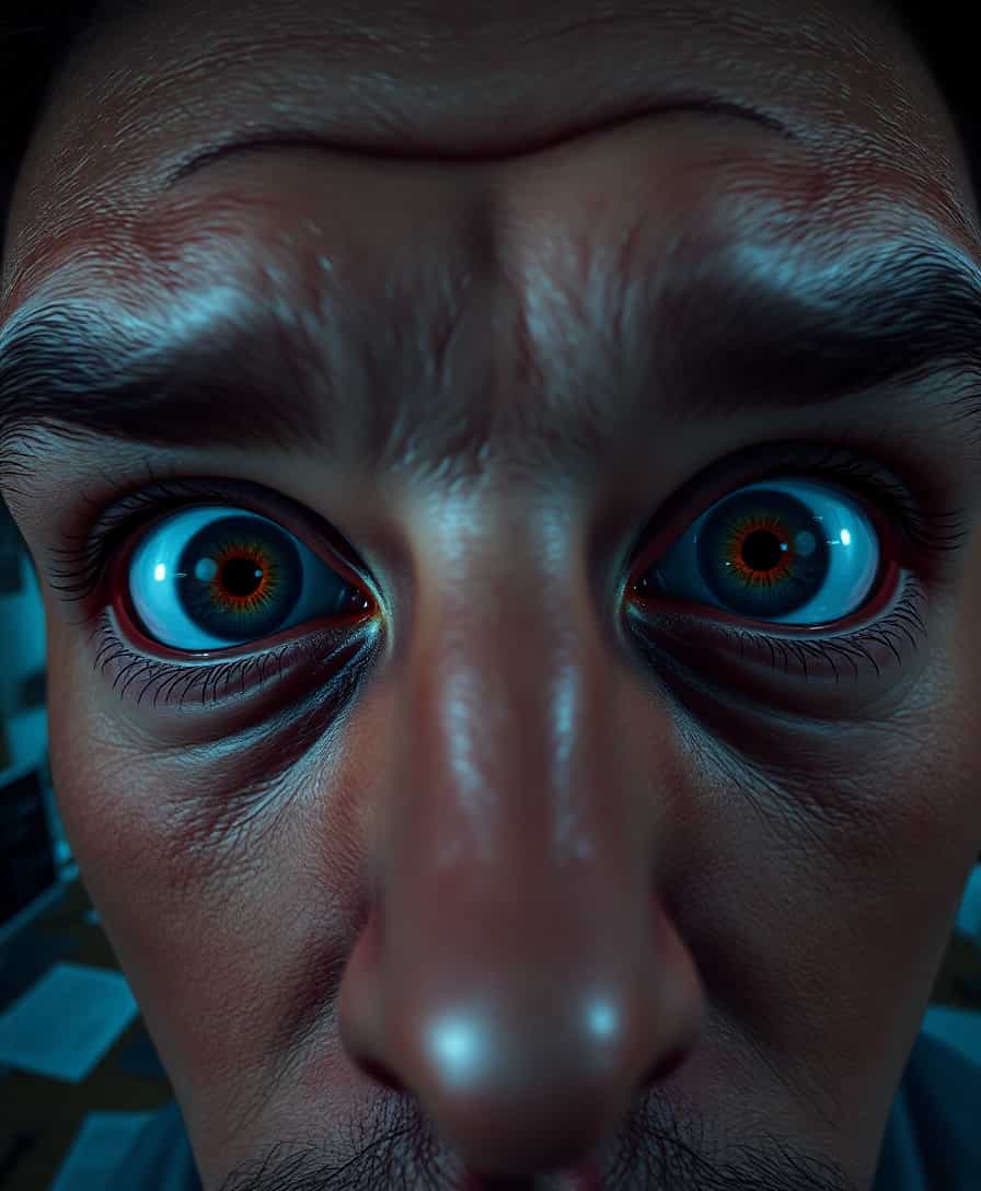 An intense 3D close-up of a person’s eyes, bloodshot and wide open in a state of sleeplessness. The lighting is stark, with bright overhead lights reflecting off the moist surface of the eyes. The skin around the eyes shows fine details, with small veins and exhaustion marks. In the background, there’s a blurry scene of an office desk, scattered papers, and a glowing computer screen displaying numbers and codes. The perspective is very close to the person’s face, focusing solely on the eyes, highlighting the toll sleep deprivation takes on them.