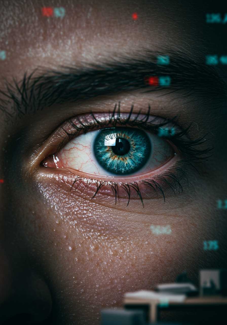 An intense 3D close-up of a person’s eyes, bloodshot and wide open in a state of sleeplessness. The lighting is stark, with bright overhead lights reflecting off the moist surface of the eyes. The skin around the eyes shows fine details, with small veins and exhaustion marks. In the background, there’s a blurry scene of an office desk, scattered papers, and a glowing computer screen displaying numbers and codes. The perspective is very close to the person’s face, focusing solely on the eyes, highlighting the toll sleep deprivation takes on them.