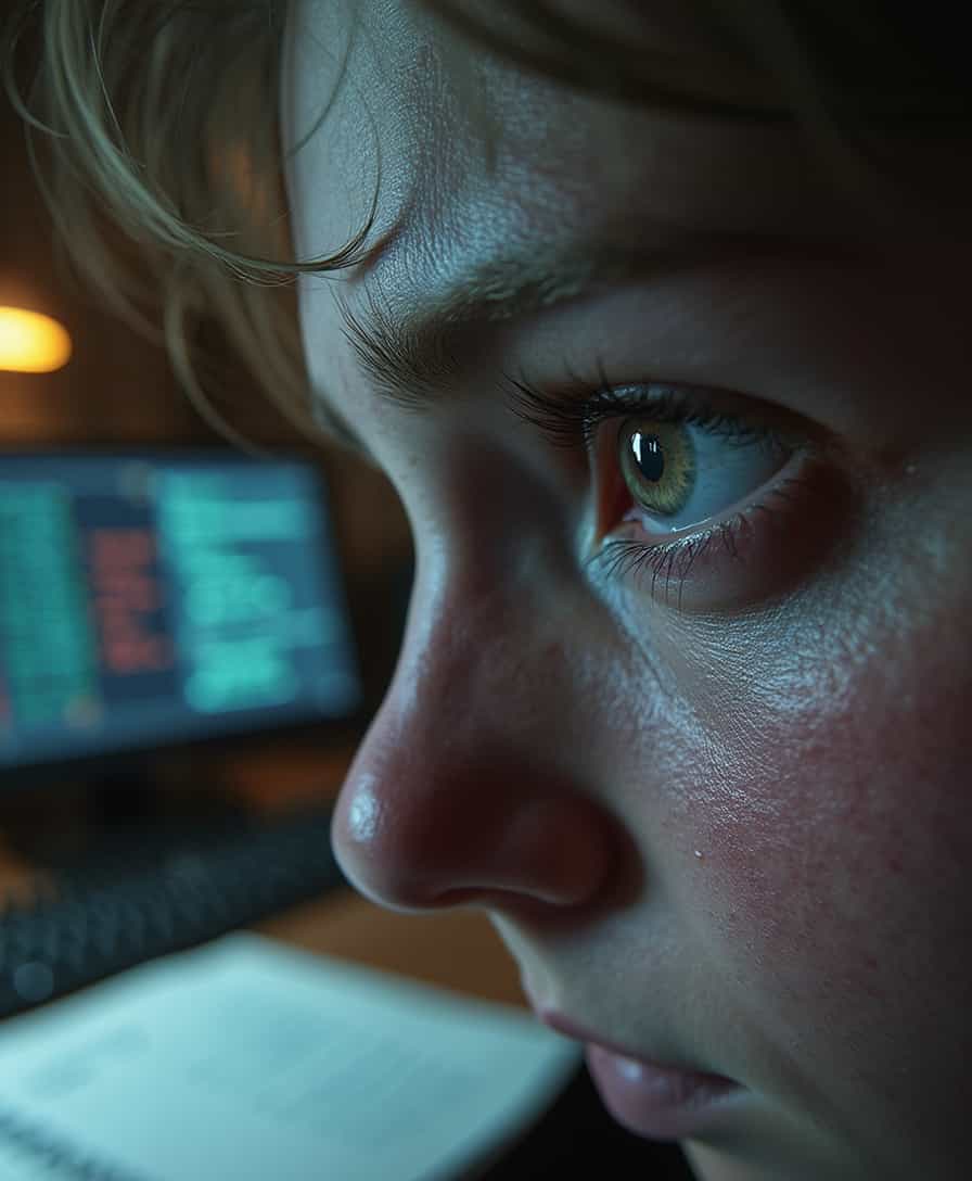 An intense 3D close-up of a person’s eyes, bloodshot and wide open in a state of sleeplessness. The lighting is stark, with bright overhead lights reflecting off the moist surface of the eyes. The skin around the eyes shows fine details, with small veins and exhaustion marks. In the background, there’s a blurry scene of an office desk, scattered papers, and a glowing computer screen displaying numbers and codes. The perspective is very close to the person’s face, focusing solely on the eyes, highlighting the toll sleep deprivation takes on them.