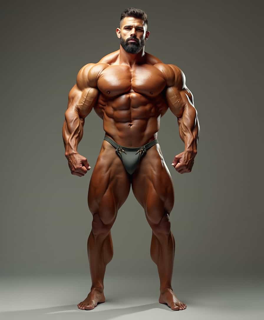 a muscular male bodybuilder in his 30s with a strong jawline, prominent cheekbones, and a confident expression, standing in a power pose with his legs wide apart, showcasing his imposing physique, with a slight sheen of sweat on his skin, set against a neutral gray background, with a shallow depth of field to emphasize his muscles, lit by soft, warm, golden hour lighting that accentuates the definition of his body, with a subtle gradient of earthy tones such as sienna and umber in the shading, and a sense of classical realism in the render style.