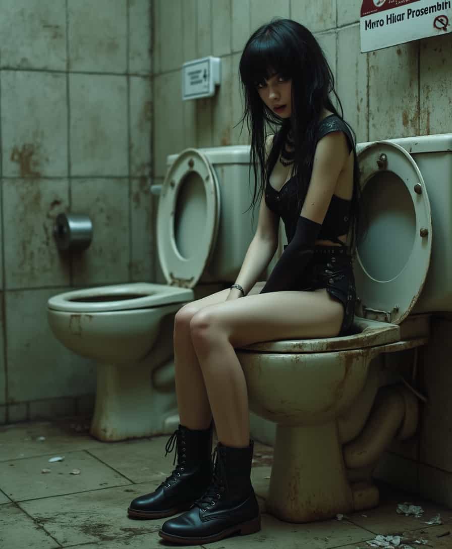 female gothic girl, no pants,  sitting on dirty public toilet