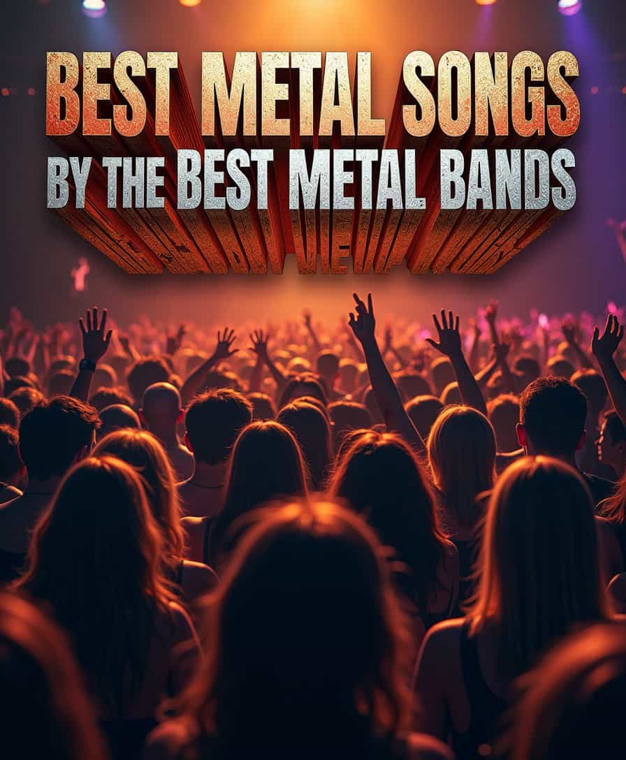 A dark, gritty, and high-energy album cover featuring a bold, metallic font with the title "Best Metal Songs by the Best Metal Bands" emblazoned across the top in a fiery orange and silver gradient, with each word overlapping the last to create a sense of intensity and chaos. In the background, a blurred, cinematic image of a mosh pit in full swing, with sweaty, headbanging metal fans of diverse skin tones and hairstyles, all united in their love of heavy music. The pit is bathed in a warm, golden light, with hints of deep crimson and purple to evoke the raw energy and power of the music. The overall aesthetic is rough, raw, and unapologetic, with a focus on bold, contrasting colors and a dynamic, abstract composition that captures the unbridled fury and passion of metal music.