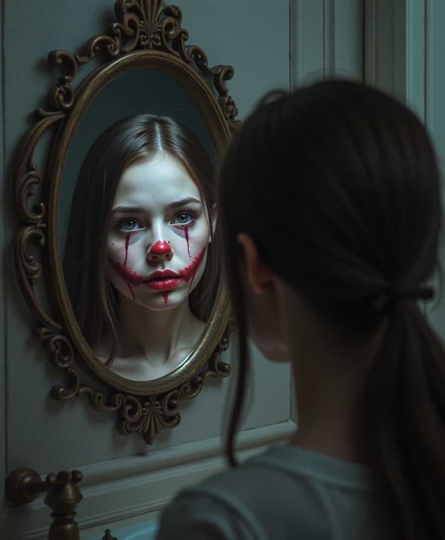 a girl with face near the mirror with horror background